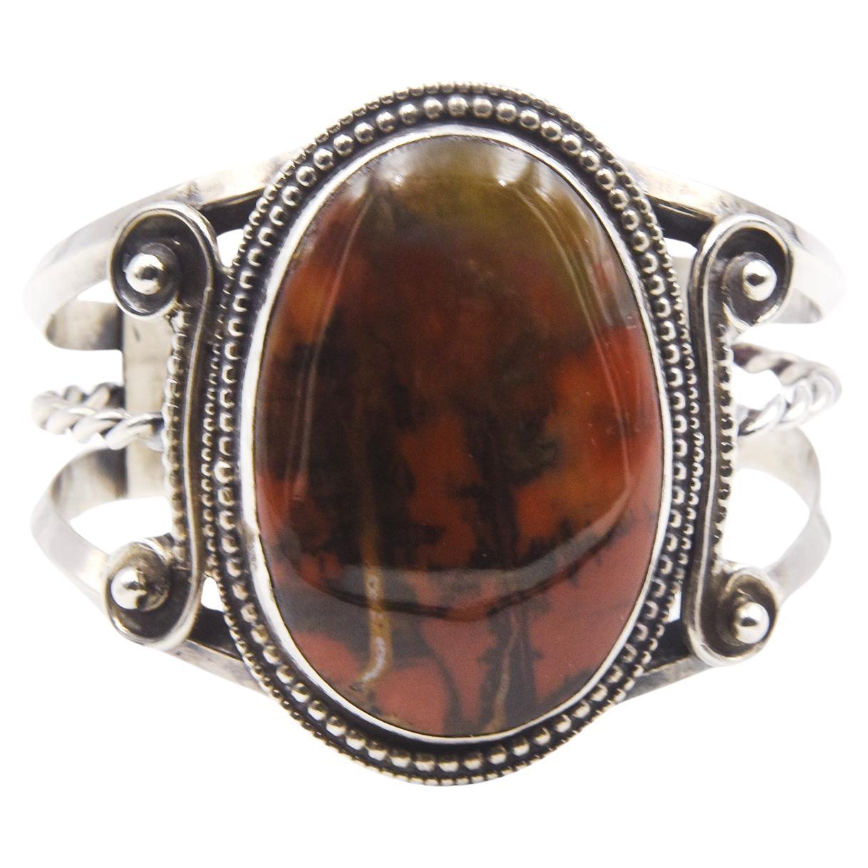 Grande manchette Vintage Native American Agate Sterling Silver Cuff Brac