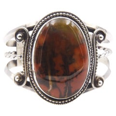 Grande manchette Vintage Native American Agate Sterling Silver Cuff Brac