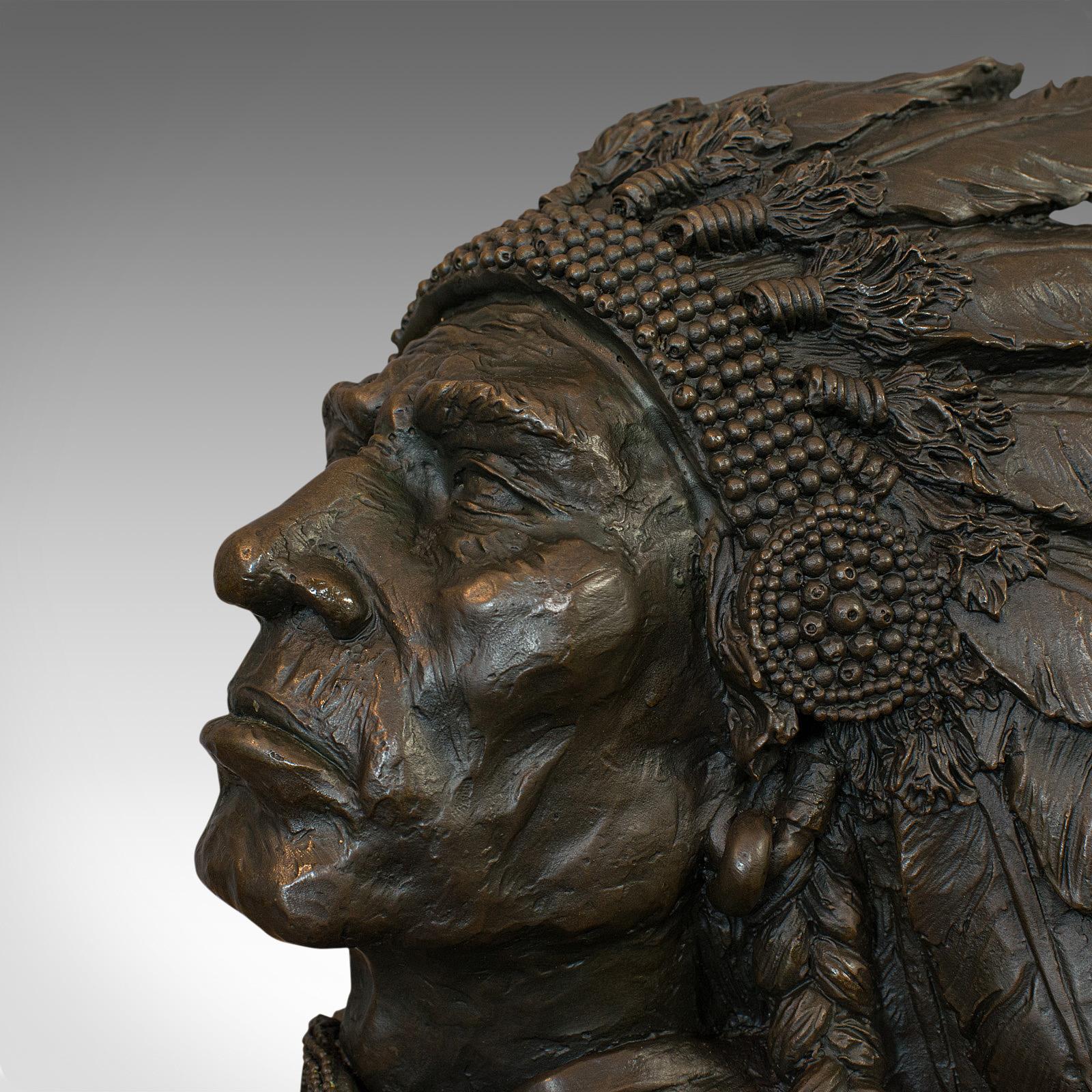 Large Vintage Native American Chief Bust, Bronze, Sculpture, Sioux, after Kauba For Sale 3