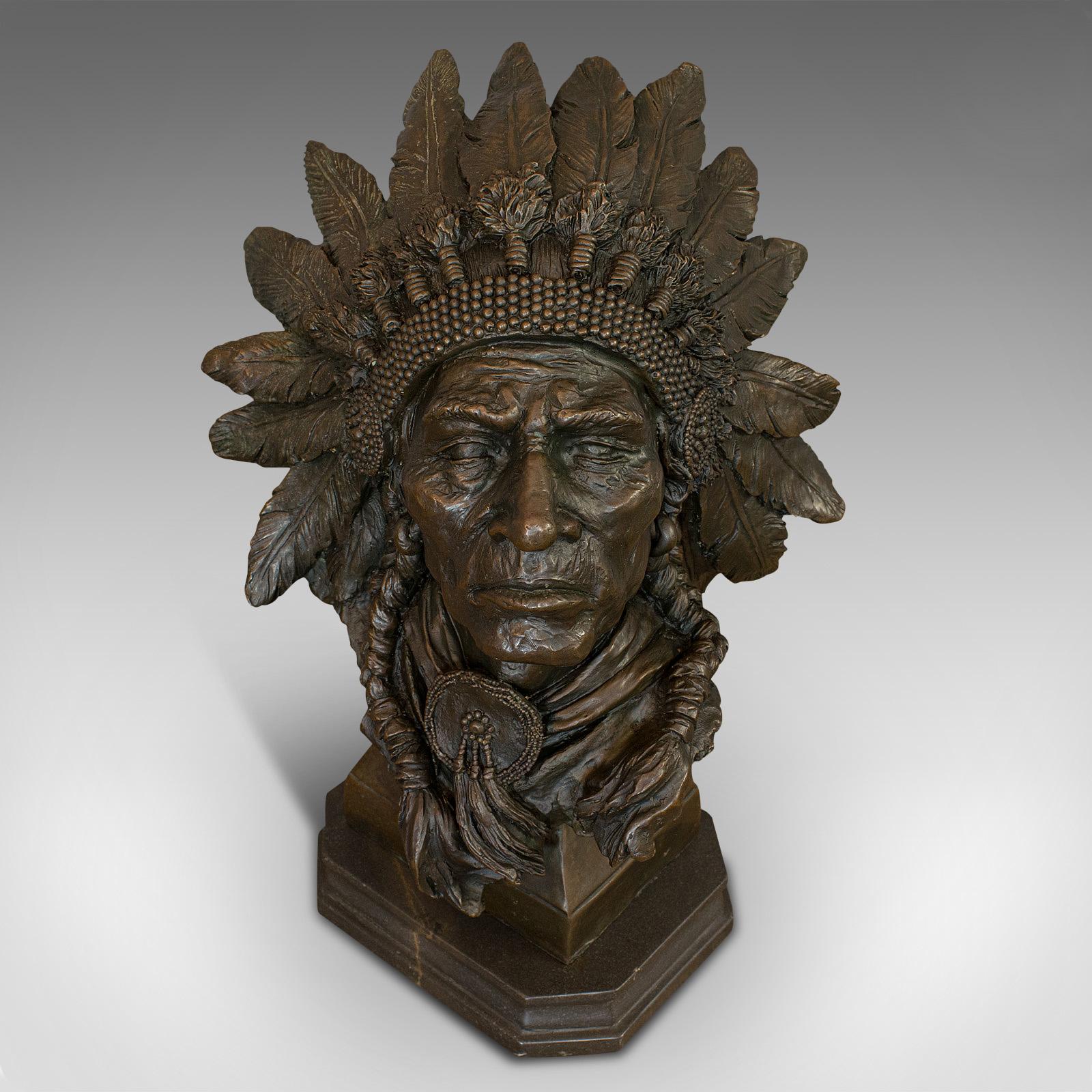 20th Century Large Vintage Native American Chief Bust, Bronze, Sculpture, Sioux, after Kauba For Sale