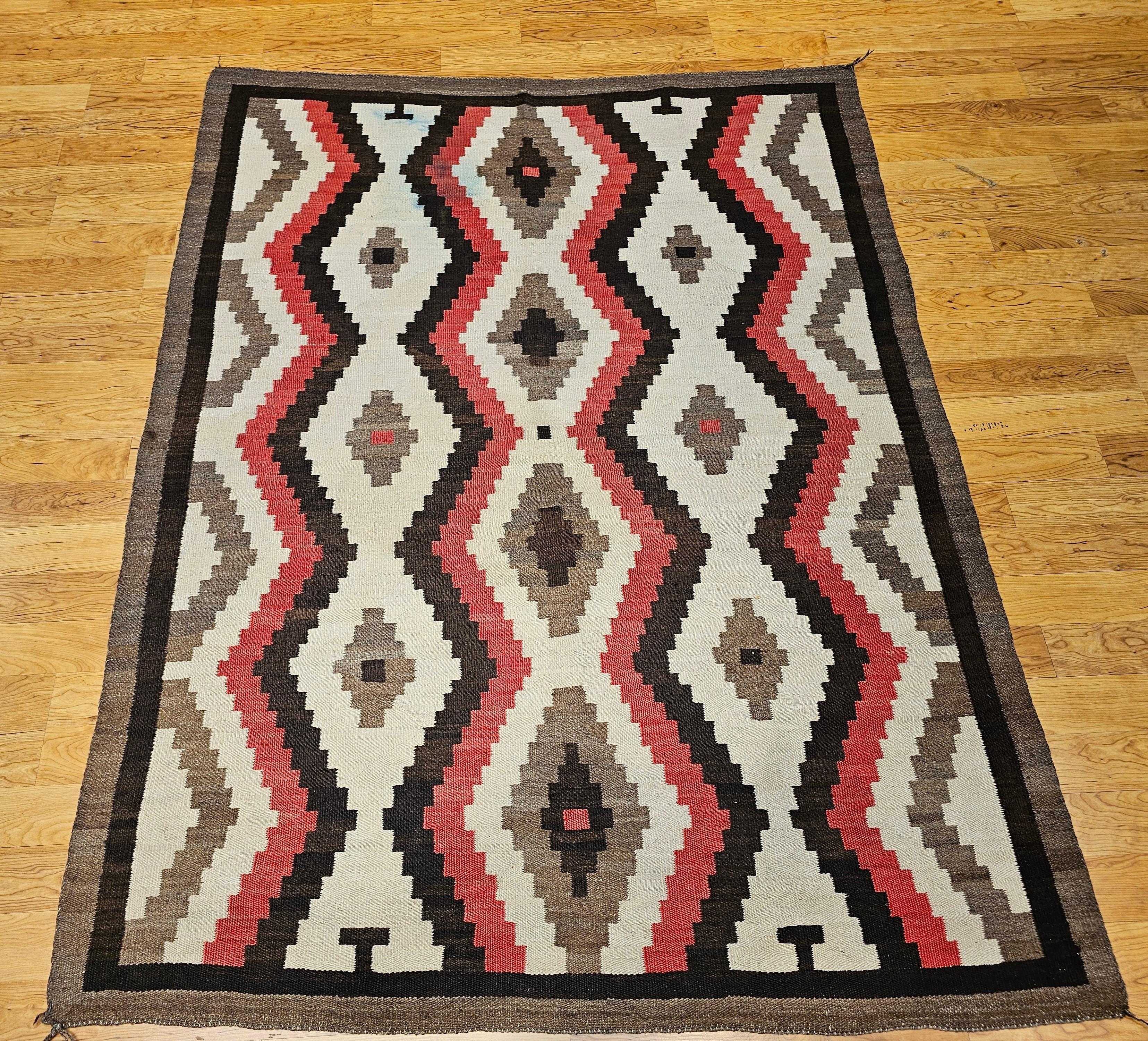 Large Vintage Native American Navajo Rug in White, Red, Brown, Chocolate For Sale 5