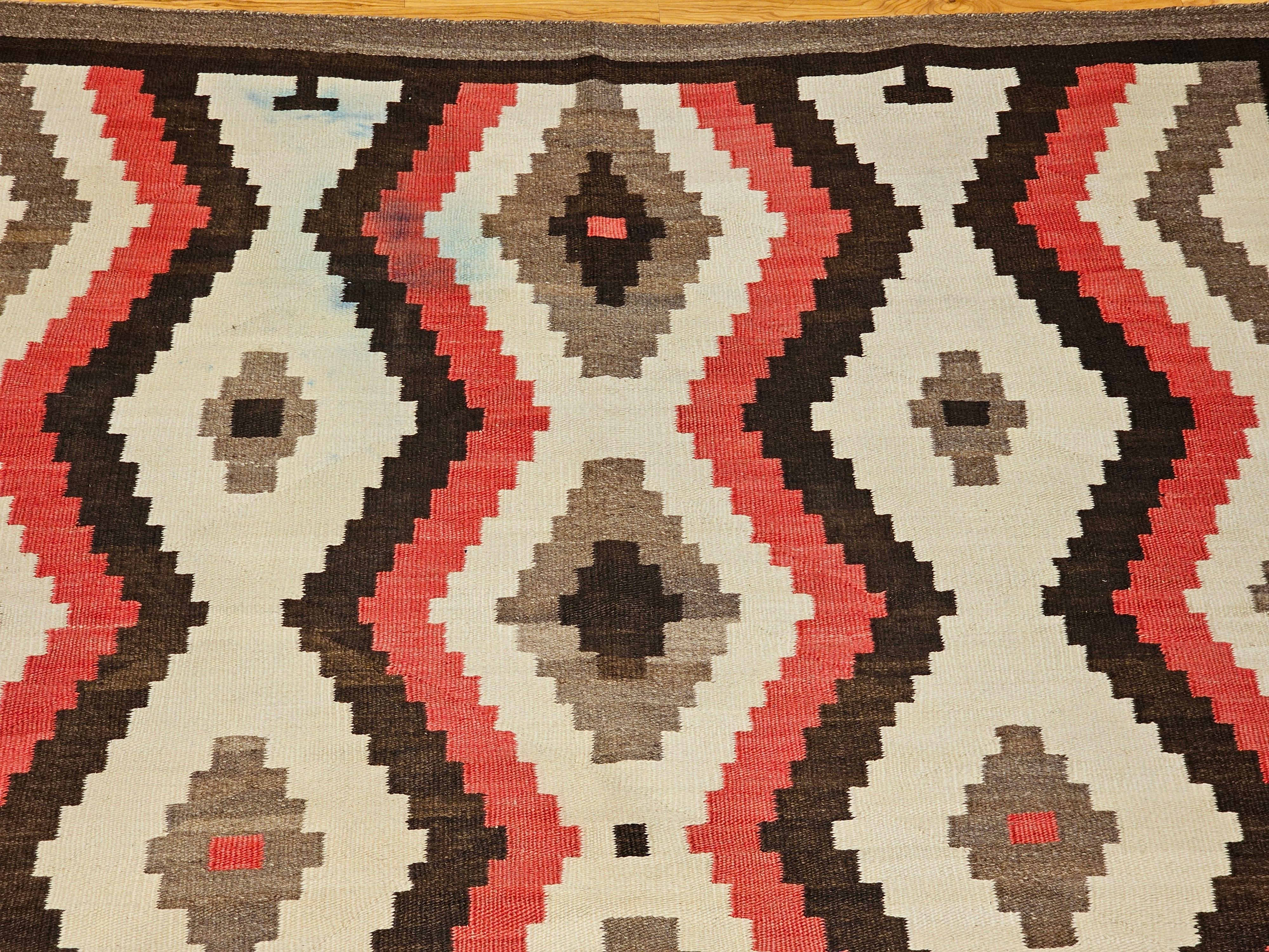 Vegetable Dyed Large Vintage Native American Navajo Rug in White, Red, Brown, Chocolate For Sale