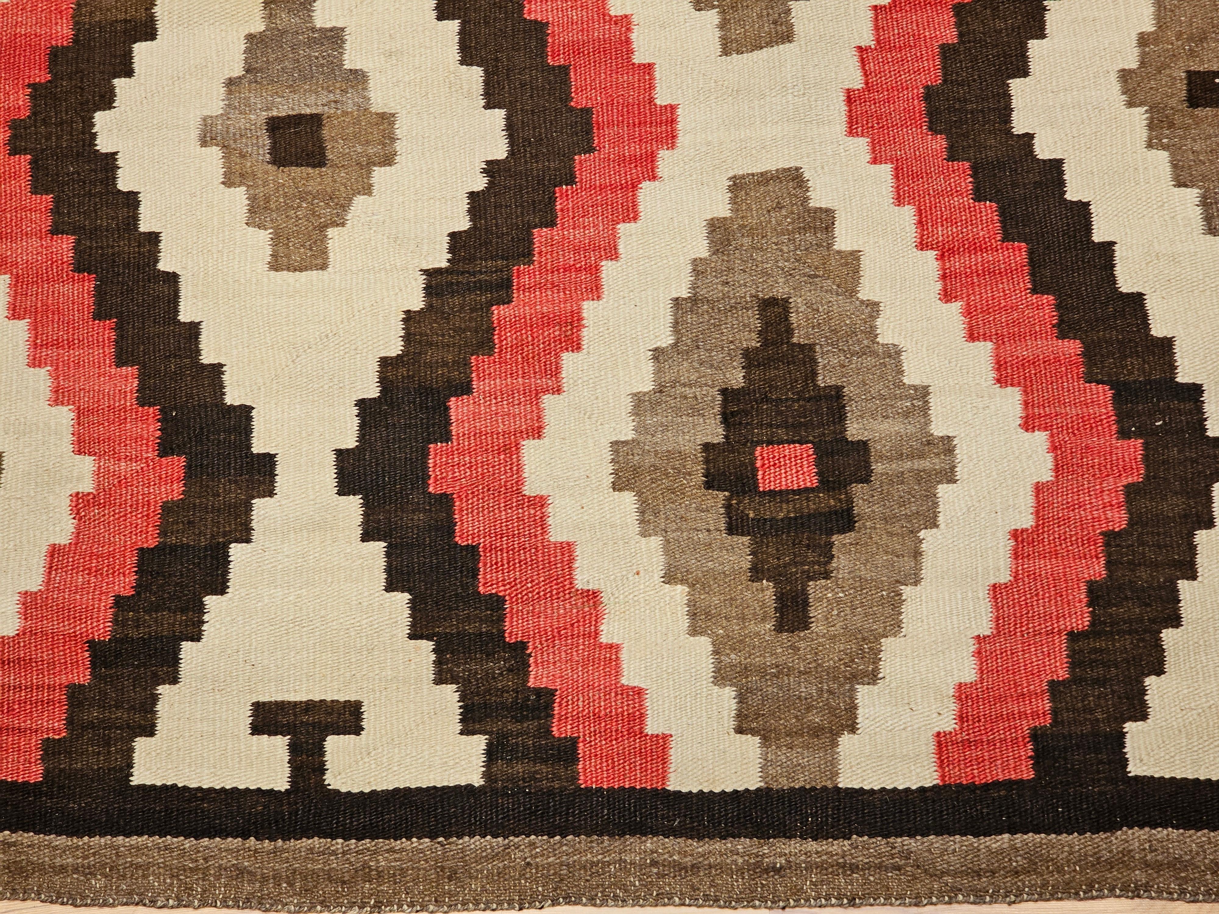 20th Century Large Vintage Native American Navajo Rug in White, Red, Brown, Chocolate For Sale