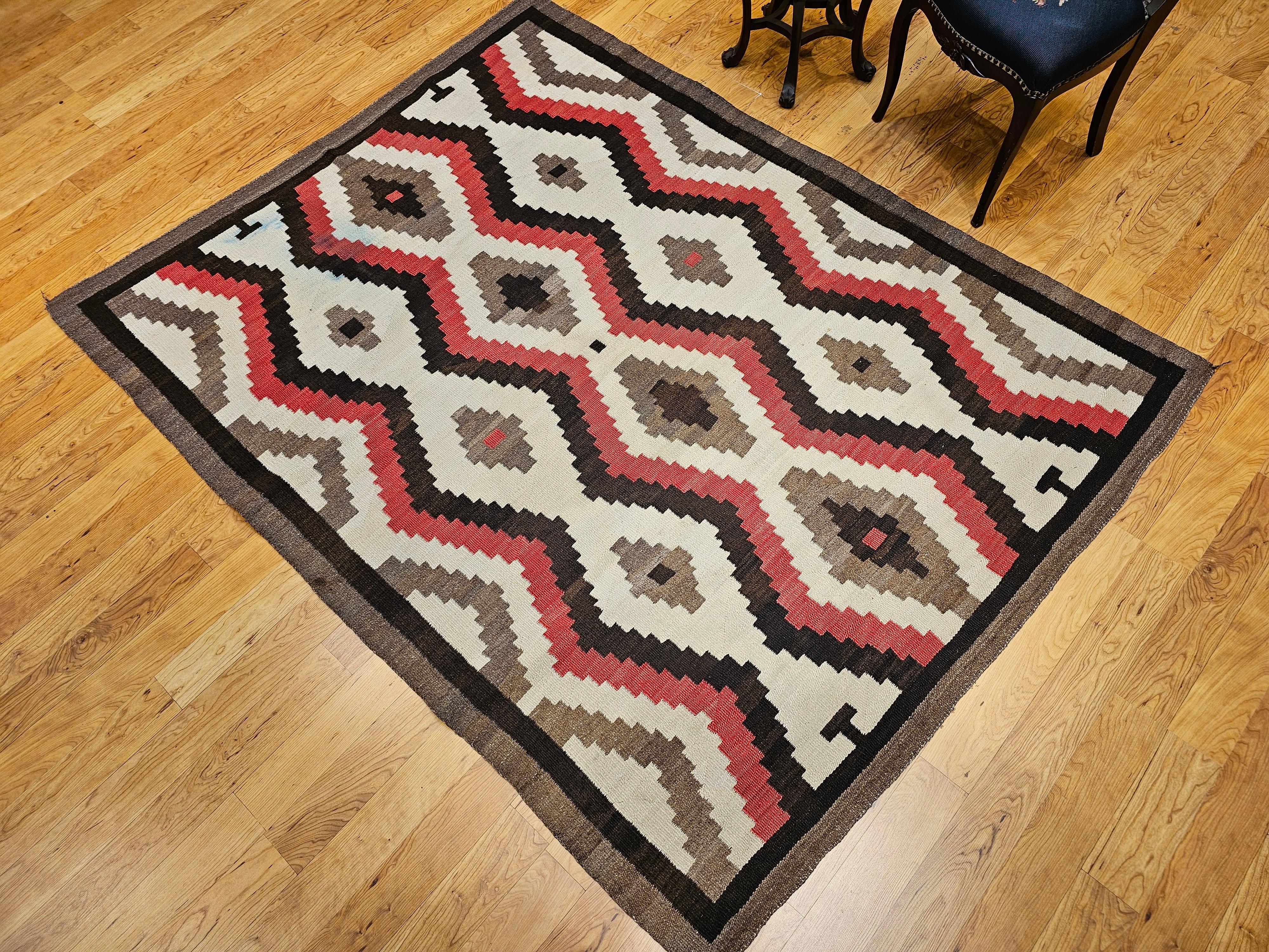 Large Vintage Native American Navajo Rug in White, Red, Brown, Chocolate For Sale 1