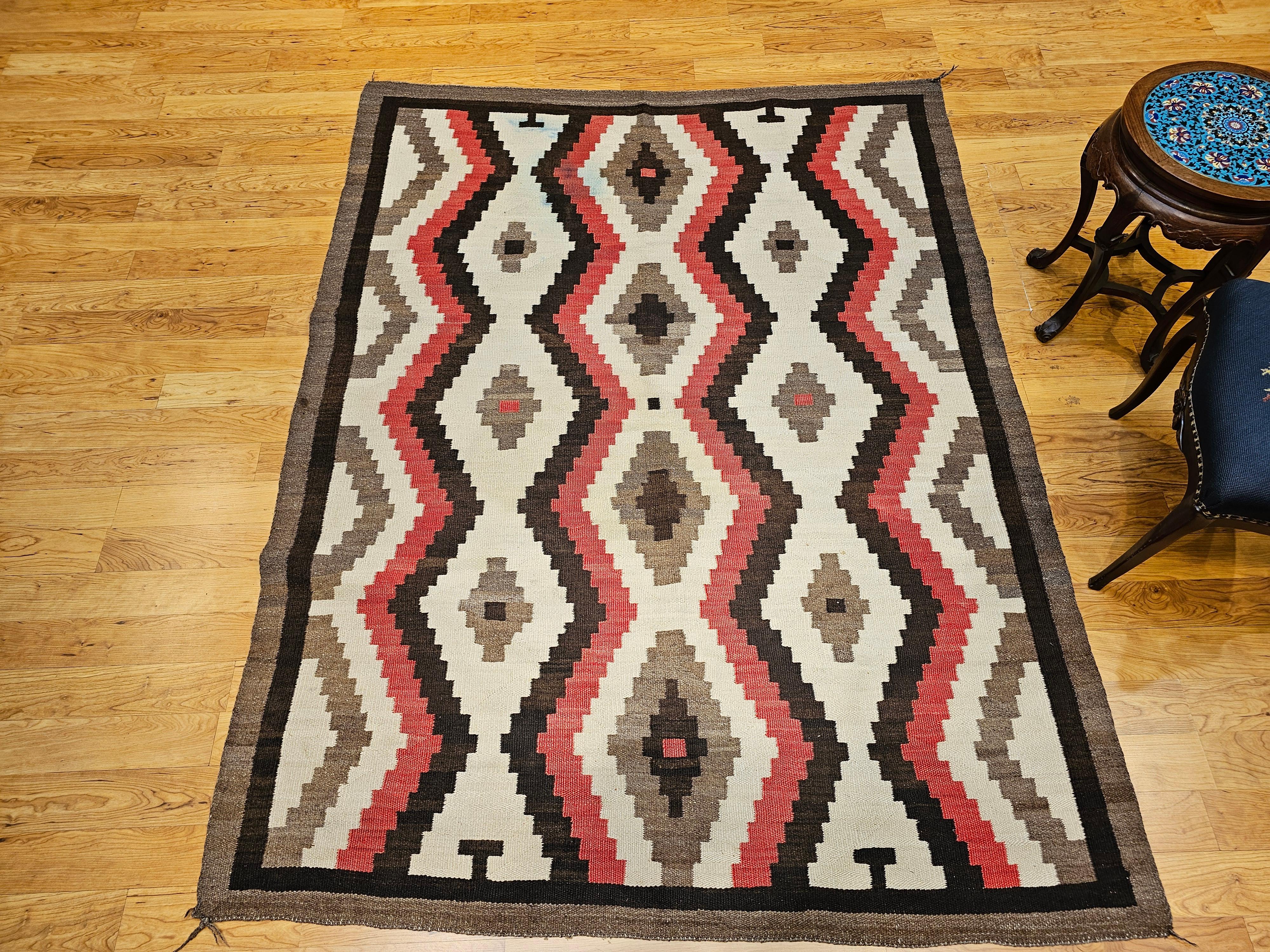 Large Vintage Native American Navajo Rug in White, Red, Brown, Chocolate For Sale 2