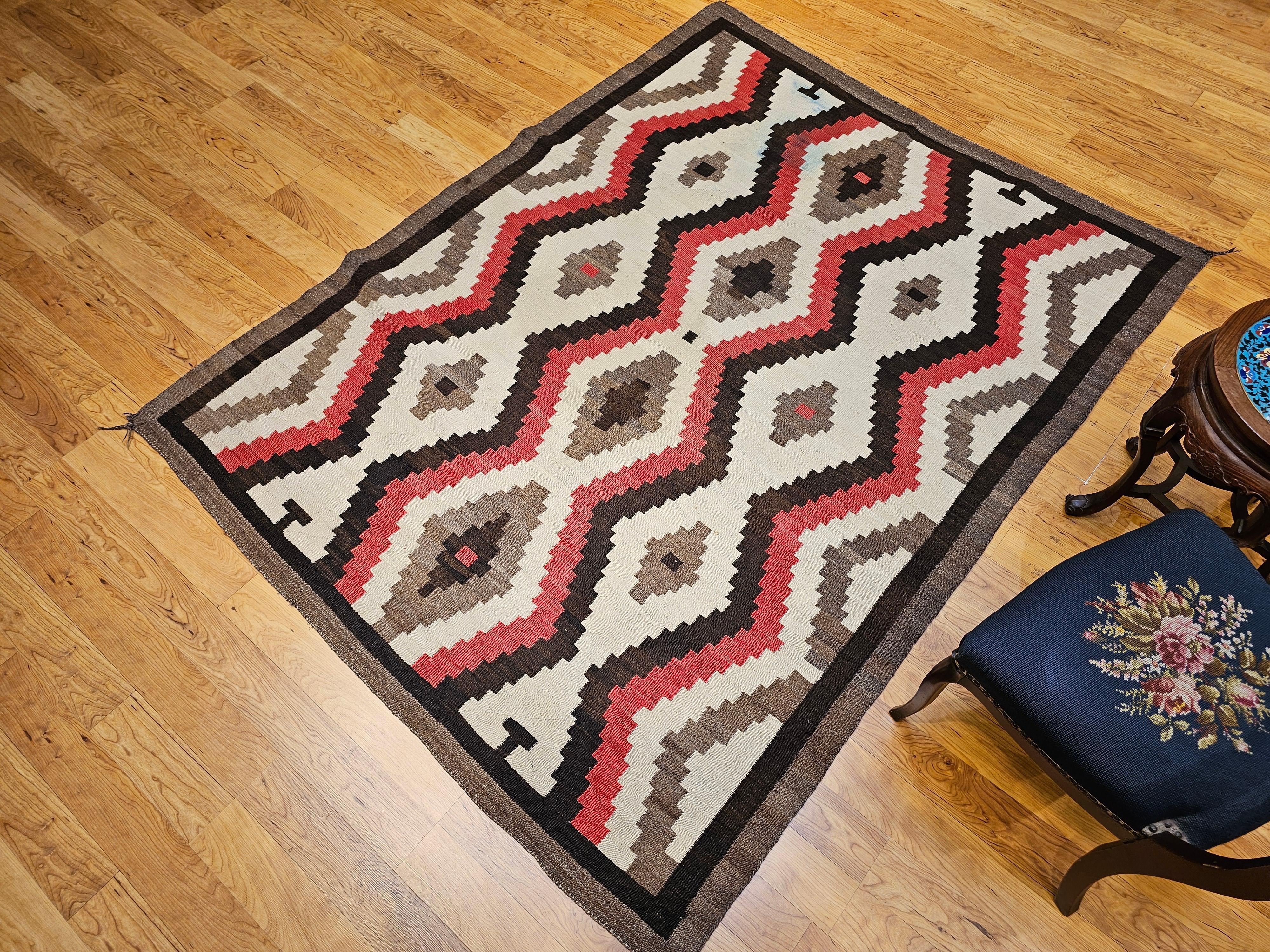 Large Vintage Native American Navajo Rug in White, Red, Brown, Chocolate For Sale 3