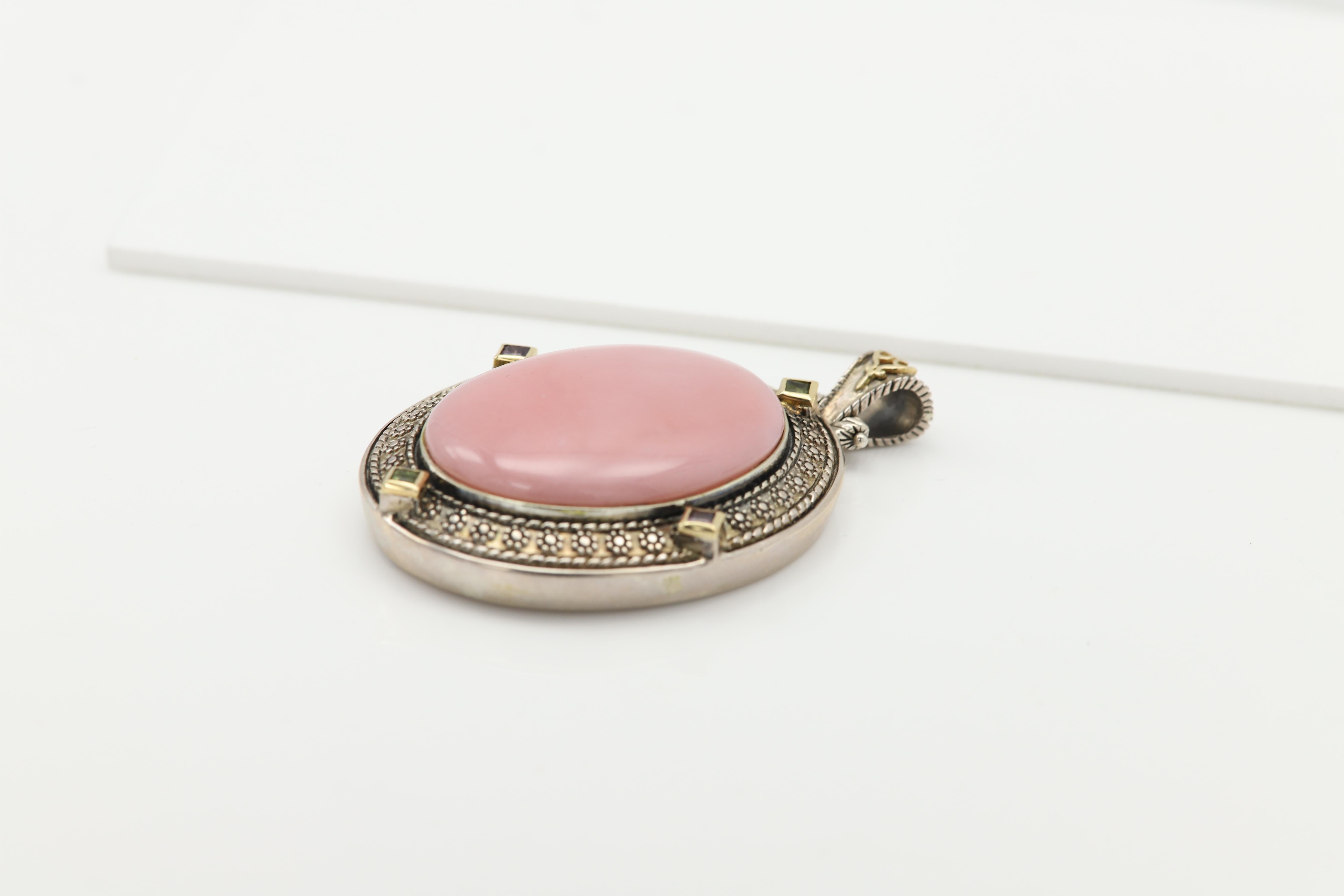 Opale rosa grande ciondolo vintage in pietra naturale Argento 925 e 18k in vendita 4