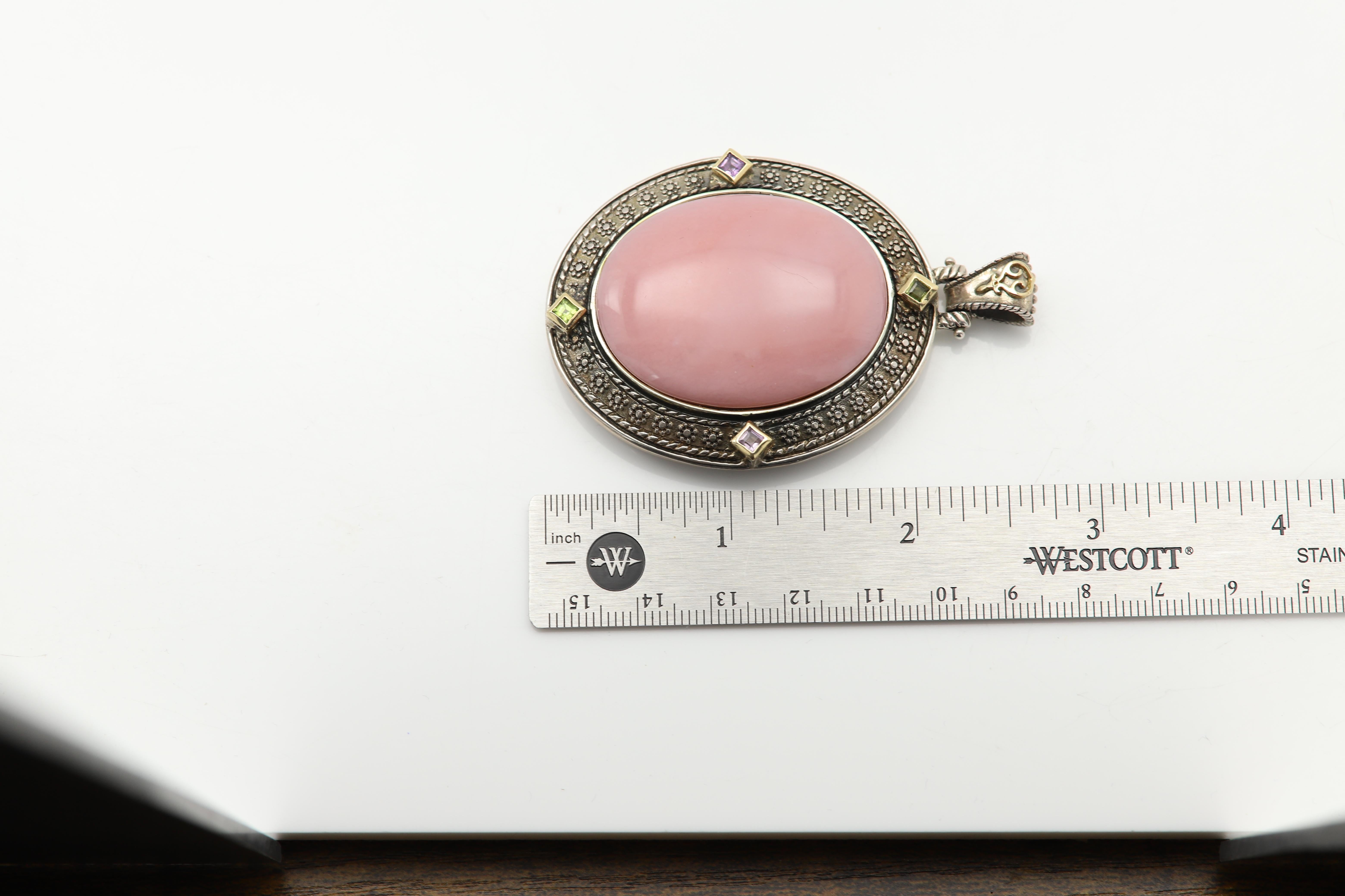 Opale rosa grande ciondolo vintage in pietra naturale Argento 925 e 18k in vendita 5