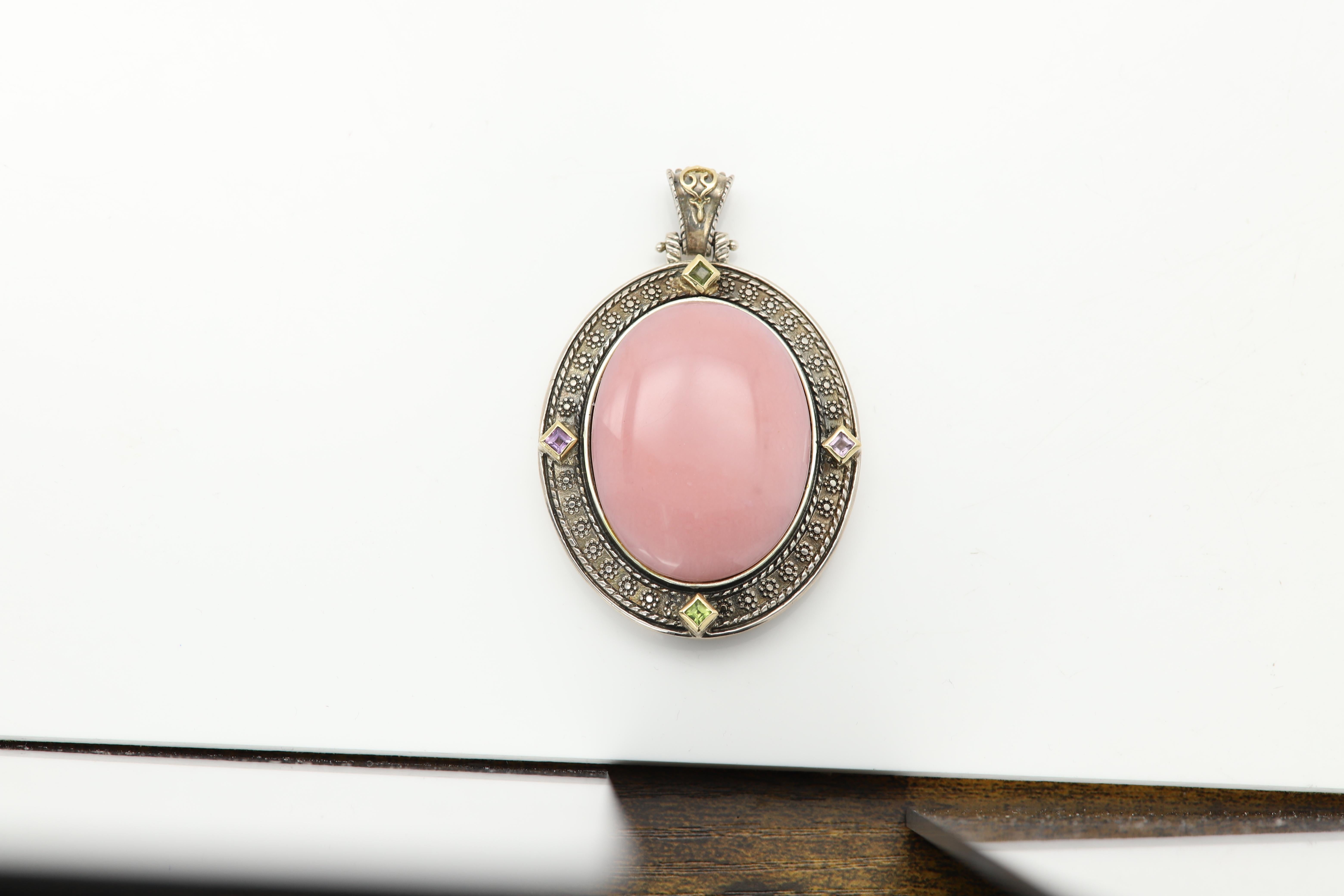 Opale rosa grande ciondolo vintage in pietra naturale Argento 925 e 18k in vendita 1