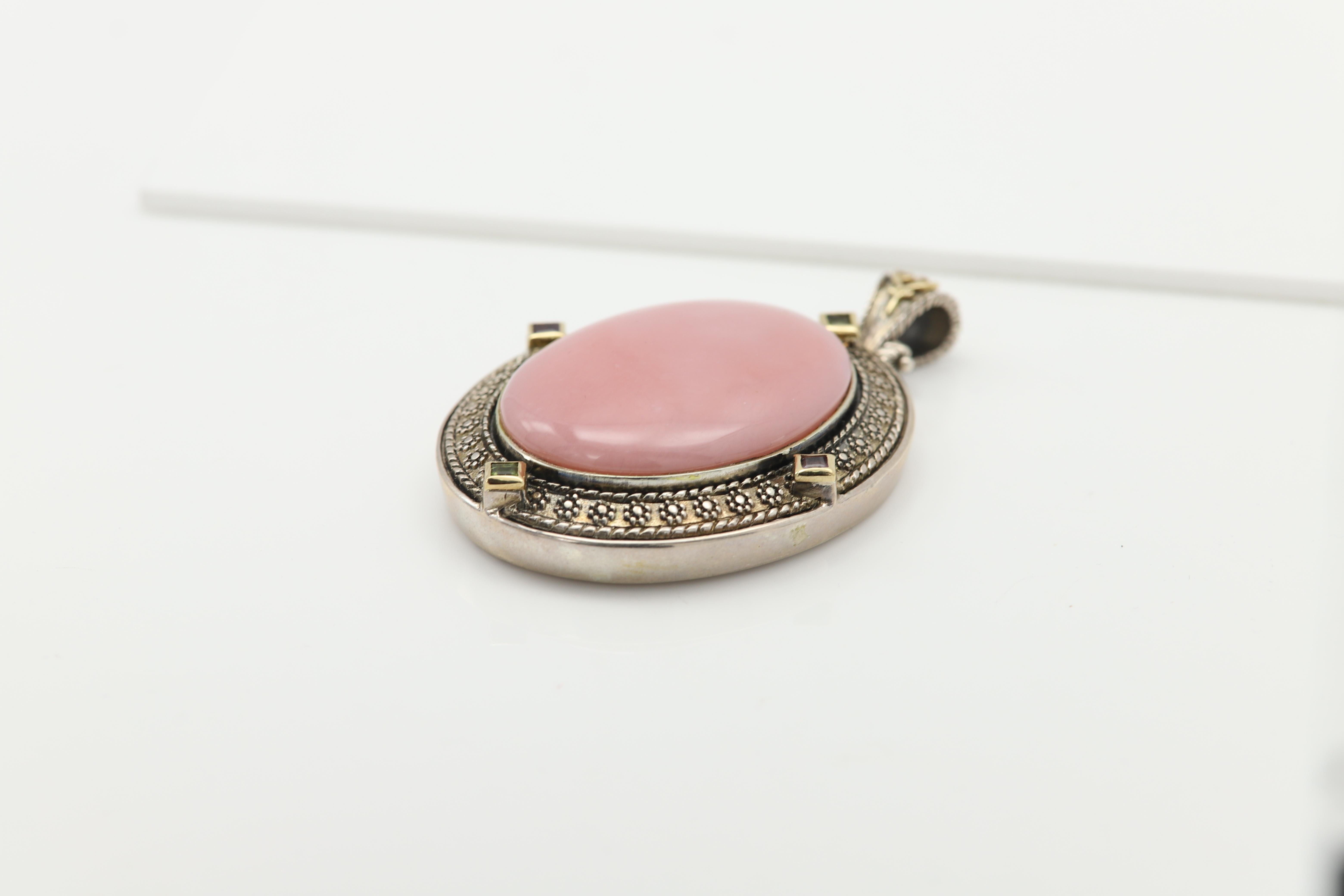 Opale rosa grande ciondolo vintage in pietra naturale Argento 925 e 18k in vendita 2