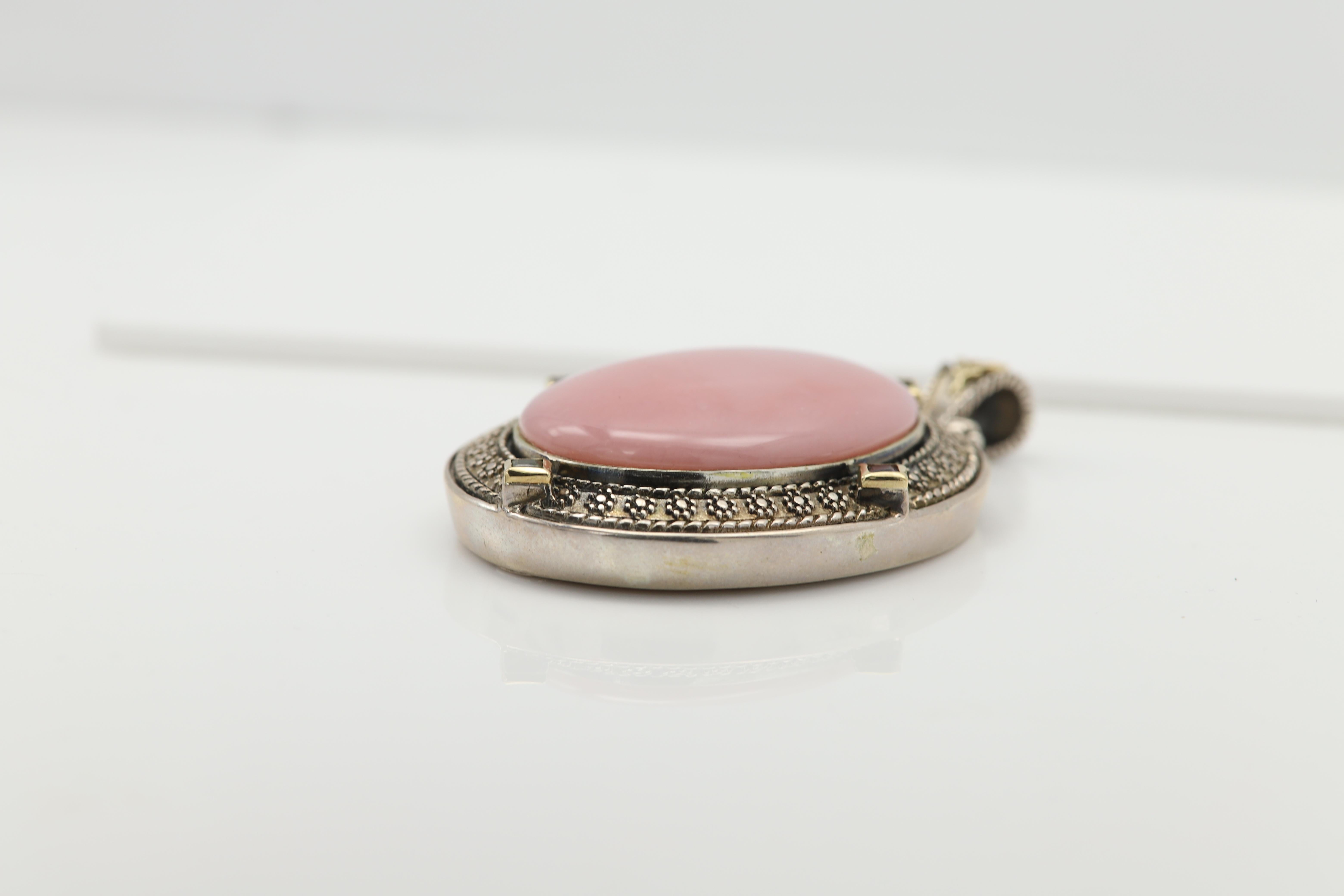 Opale rosa grande ciondolo vintage in pietra naturale Argento 925 e 18k in vendita 3