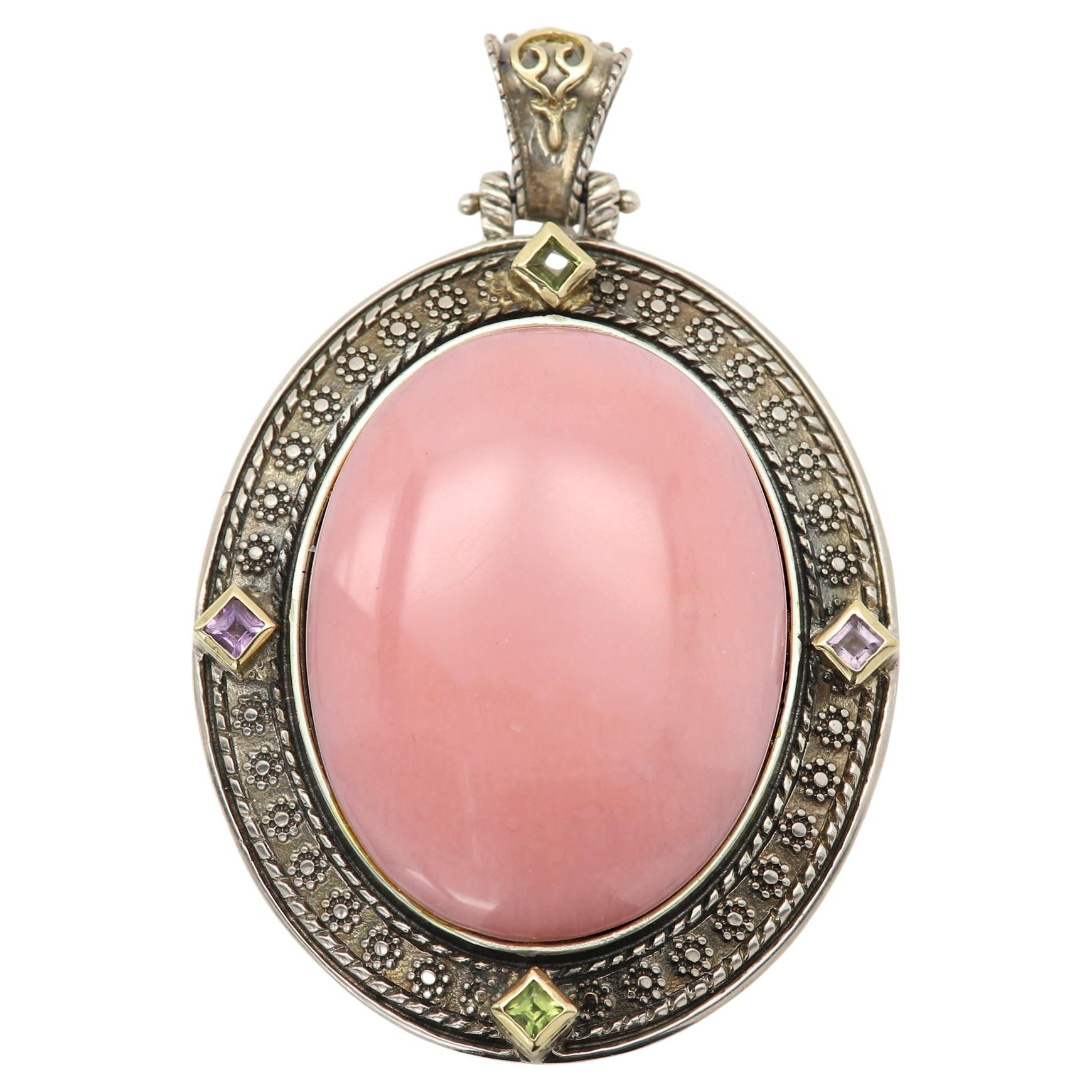 Pink Opal Large Vintage Natural Stone Pendant Sterling Silver 925 and 18k