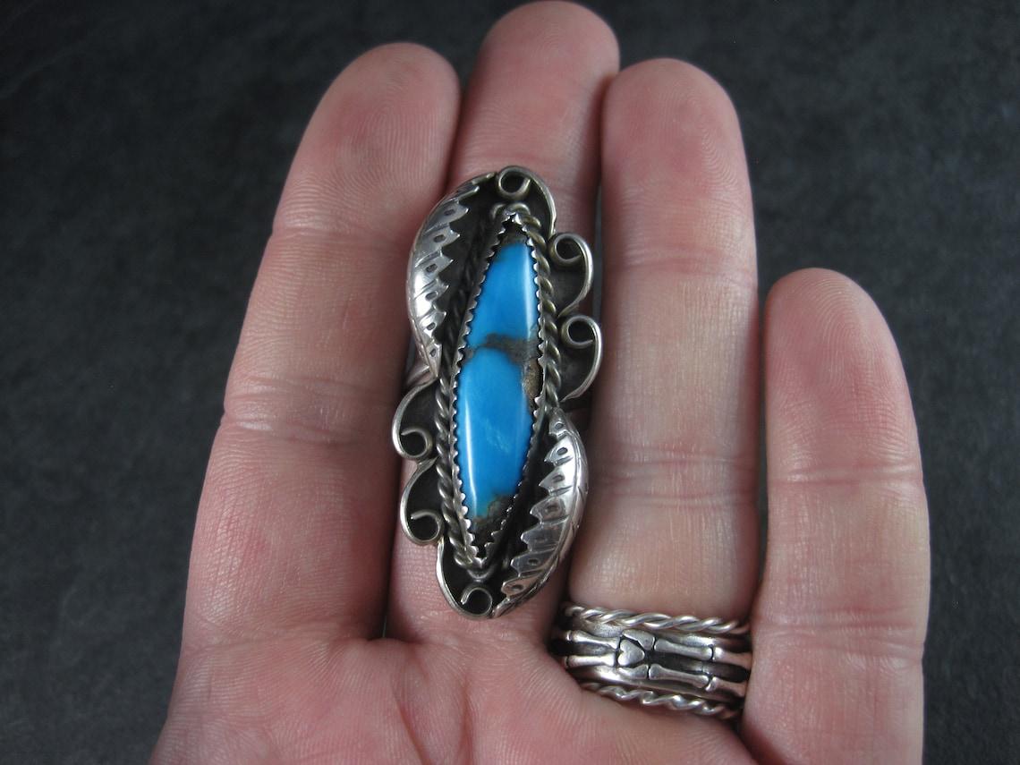 Marquise Cut Large Vintage Navajo Turquoise Ring Size 8 For Sale
