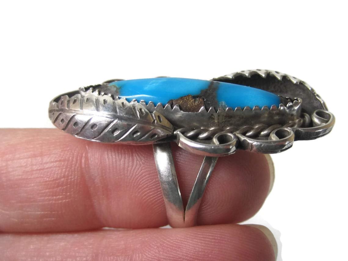 Marquise Cut Large Vintage Navajo Turquoise Ring Size 8 For Sale