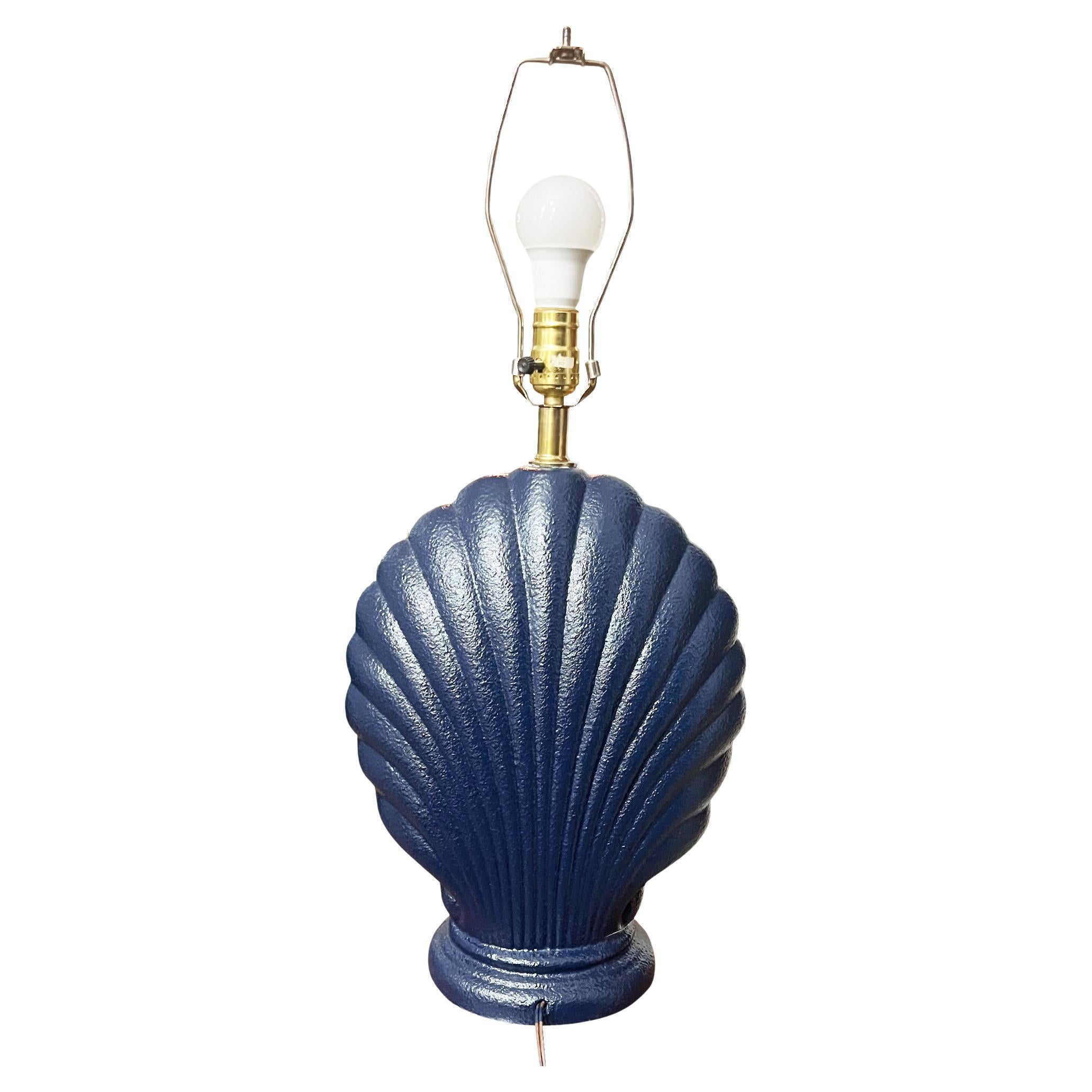 Large Vintage Navy Hollywood Regency Navy Blue Seashell Motif Table Lamp For Sale