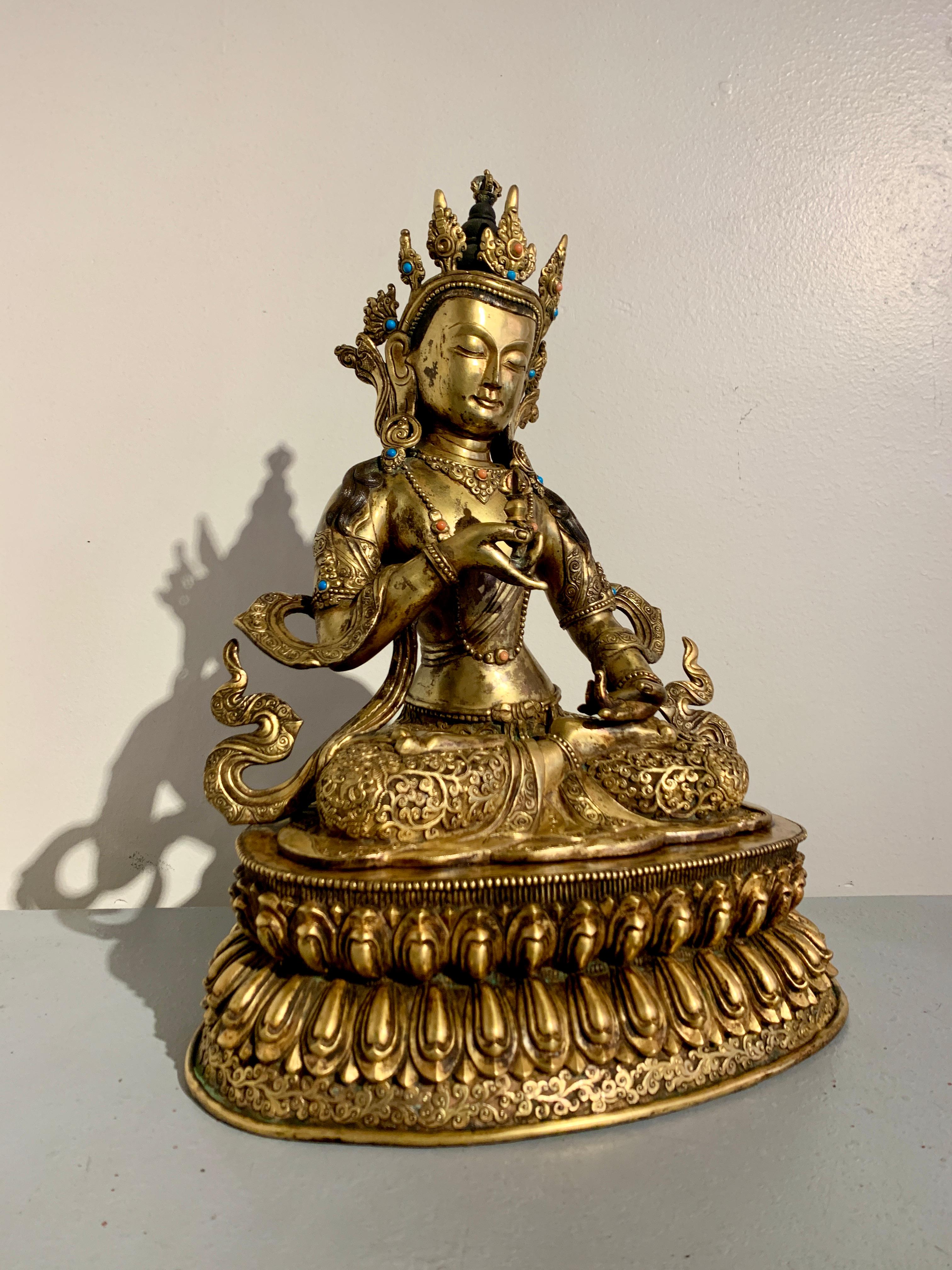 A large and impressive vintage gilt bronze figure of the tantric Buddha Vajrasattva, the Diamond Thunderbolt, mid 20th century, Nepal. 

Crafted of cast and richly gilt bronze, Vajrasattva sits in vajrasana, or full lotus position, his torso