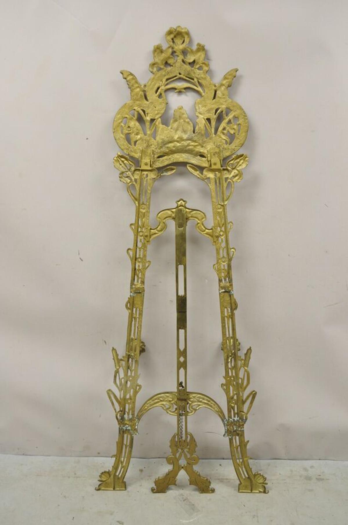 Large Vintage Nouveau Aesthetic Style Figural Brass Tall Art Easel Display Stand 5