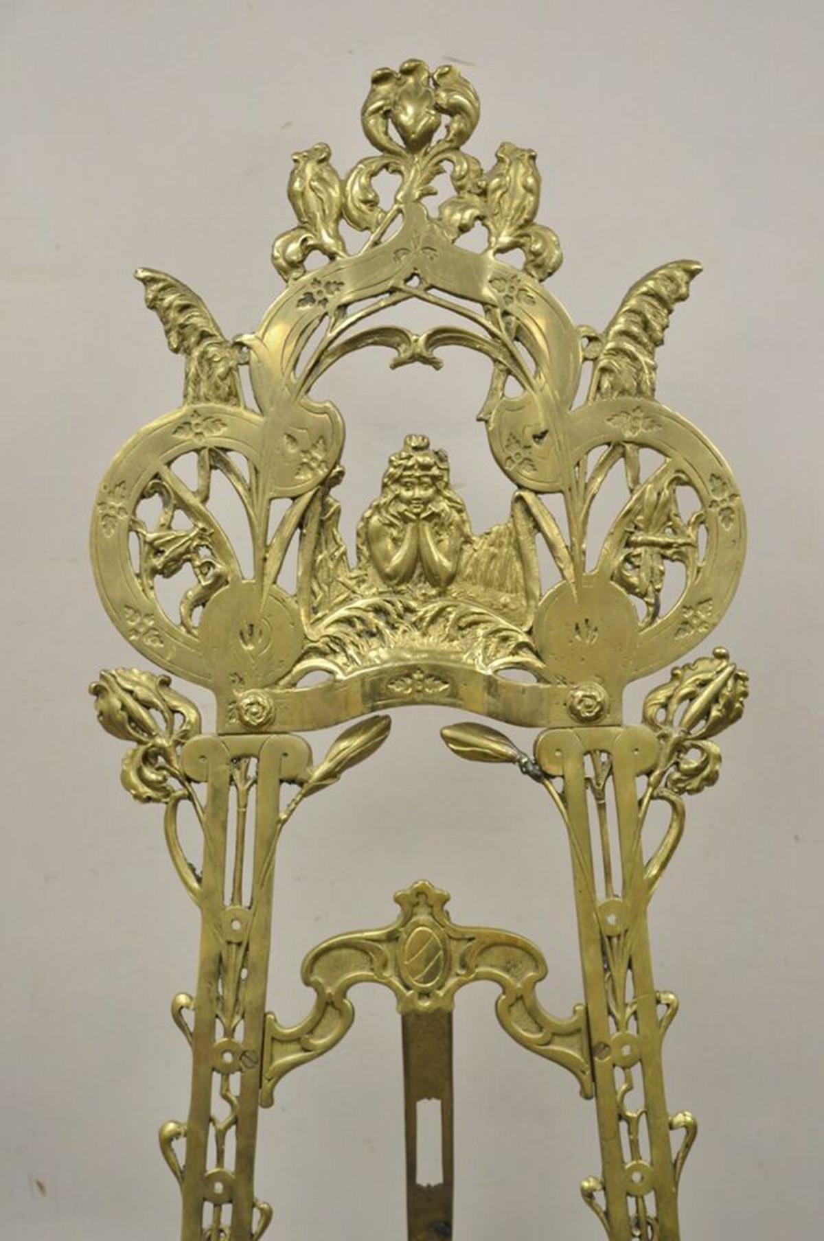 Art Nouveau Large Vintage Nouveau Aesthetic Style Figural Brass Tall Art Easel Display Stand