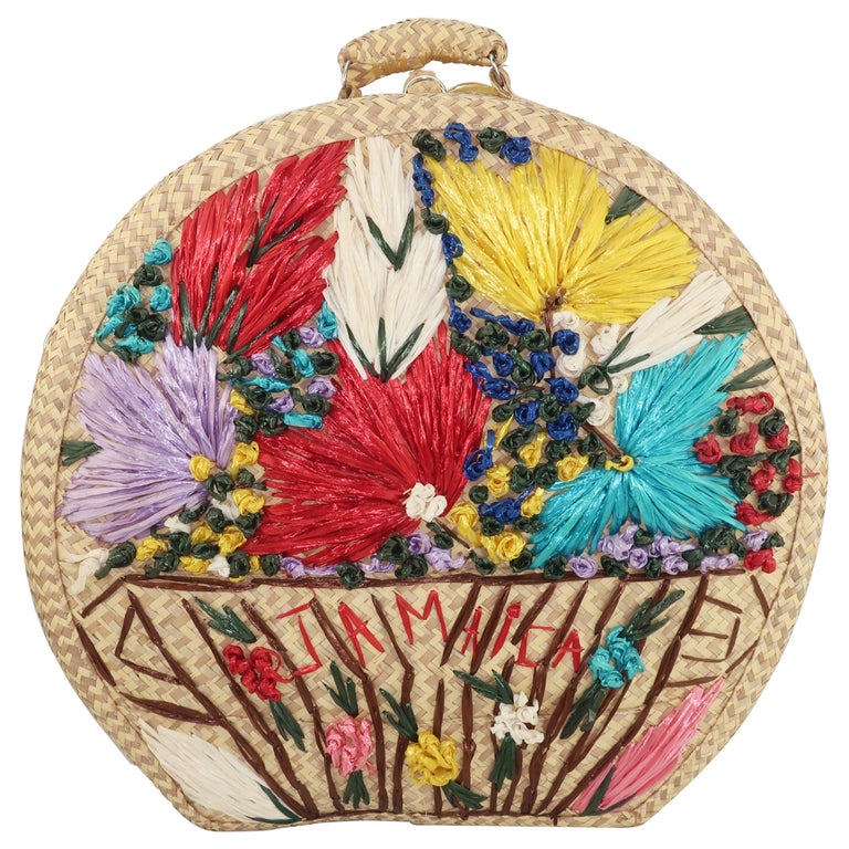 Large Vintage Novelty Raffia Floral Straw Beach Bag Tote at 1stDibs