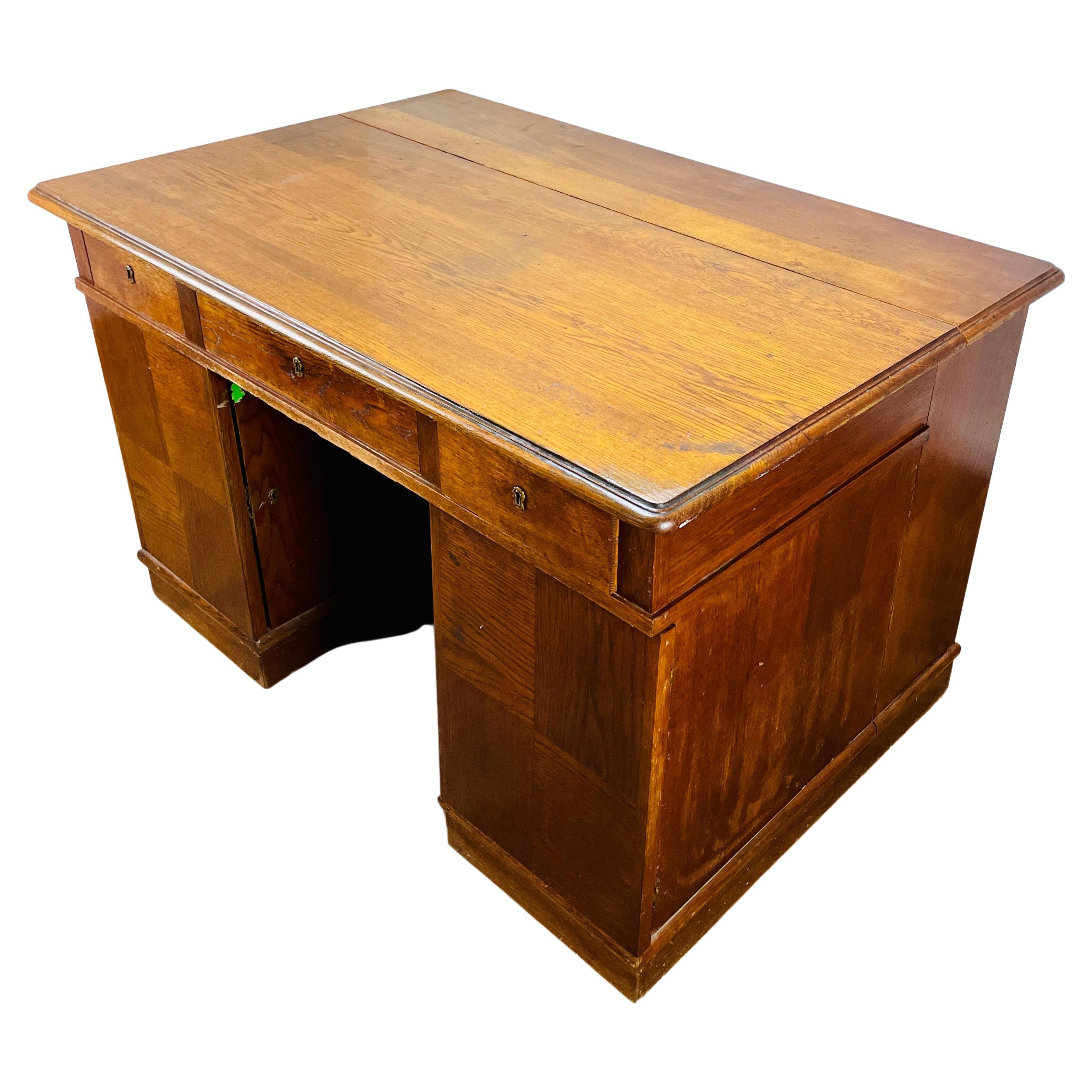 Large Vintage Oak Desk, Double Sided with Display End For Sale
