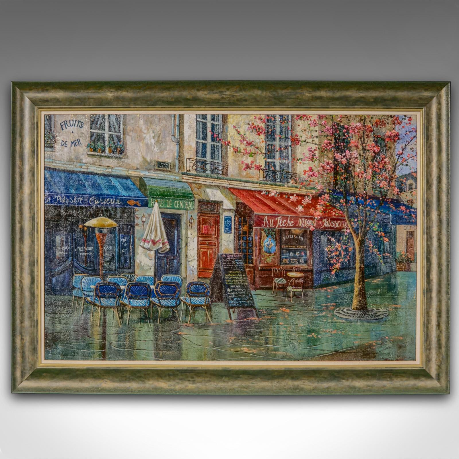This is a large vintage oil on canvas of a Paris. An unsigned Parisian street scene in quality frame, dating to the late 20th century.

Charmingly evocative street scene of a rain slick Parisian walkway
Presented in a quality later frame with broad,