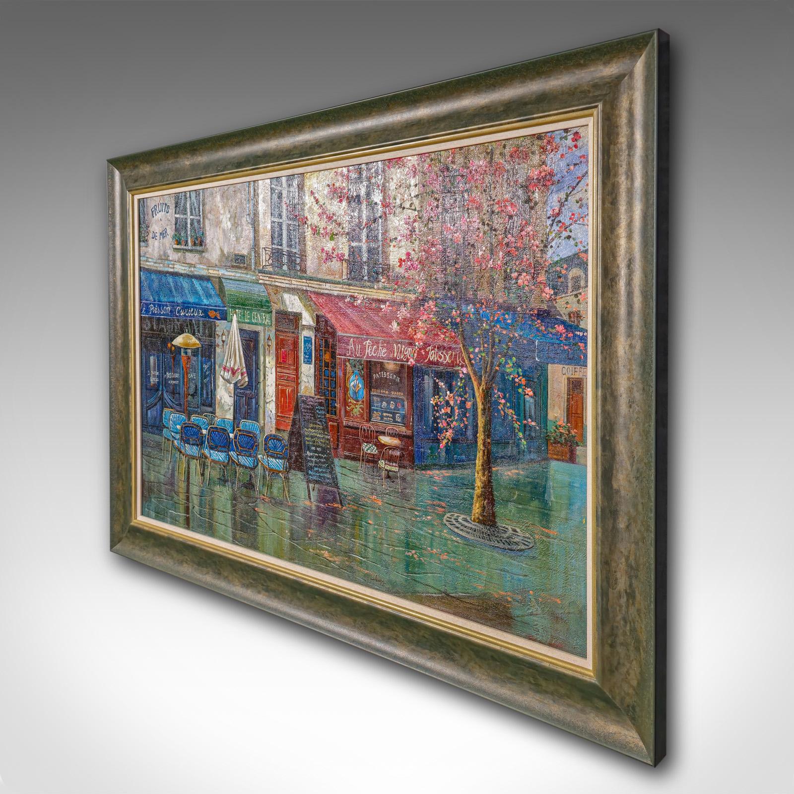 Mid-Century Modern Grande huile sur toile, Paris, peinture, scène de rue parisienne, art encadré en vente