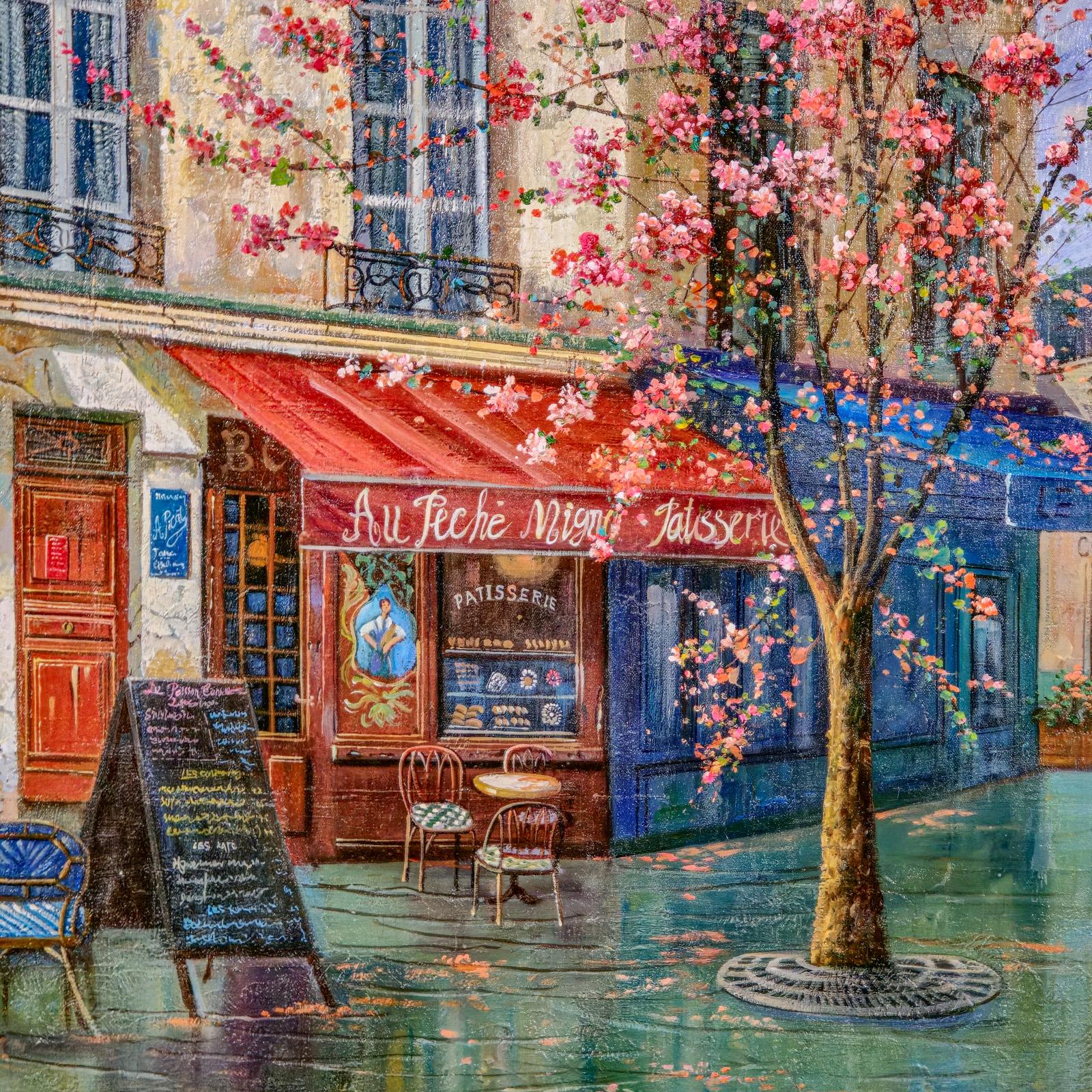 20ième siècle Grande huile sur toile, Paris, peinture, scène de rue parisienne, art encadré en vente