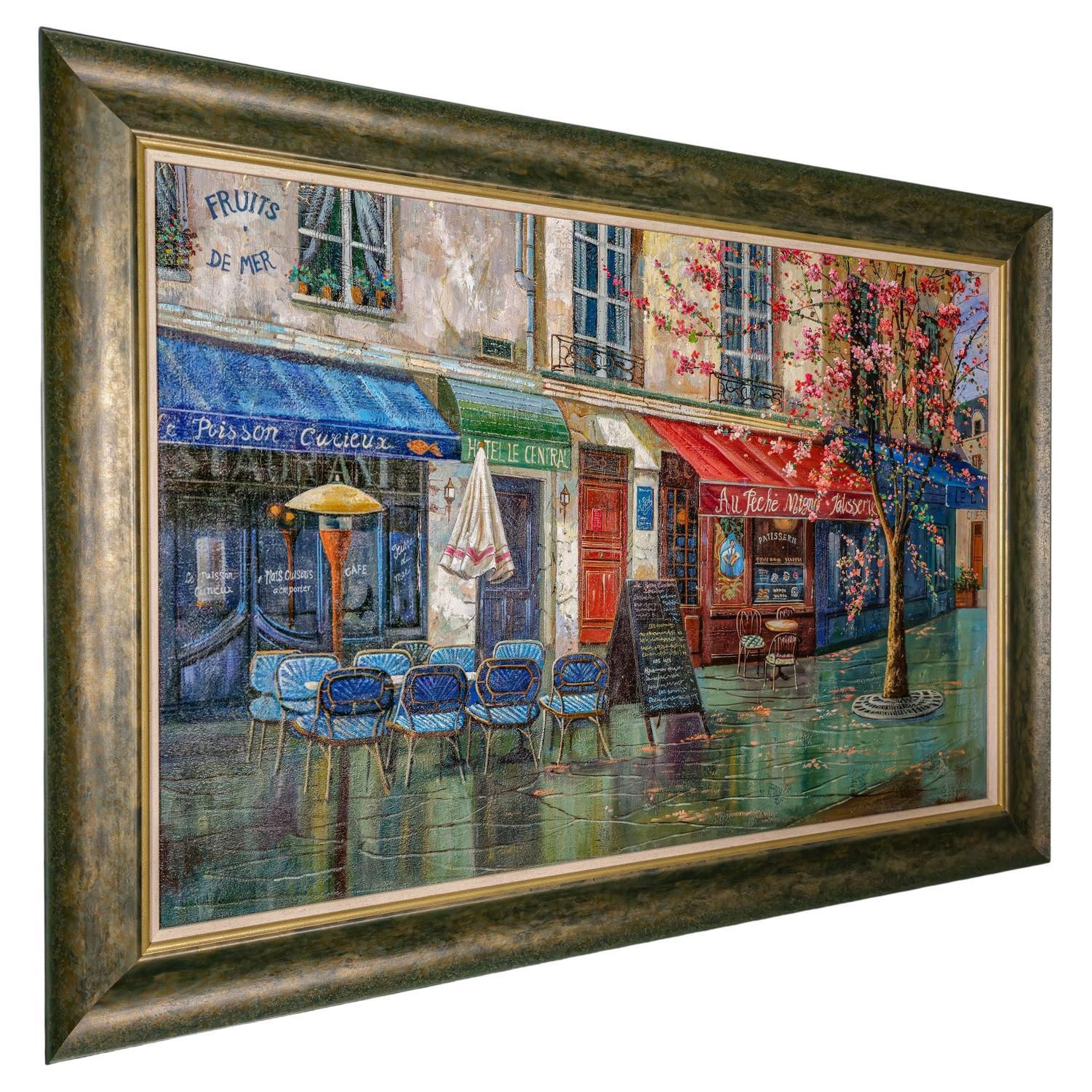 Grande huile sur toile, Paris, peinture, scène de rue parisienne, art encadré en vente