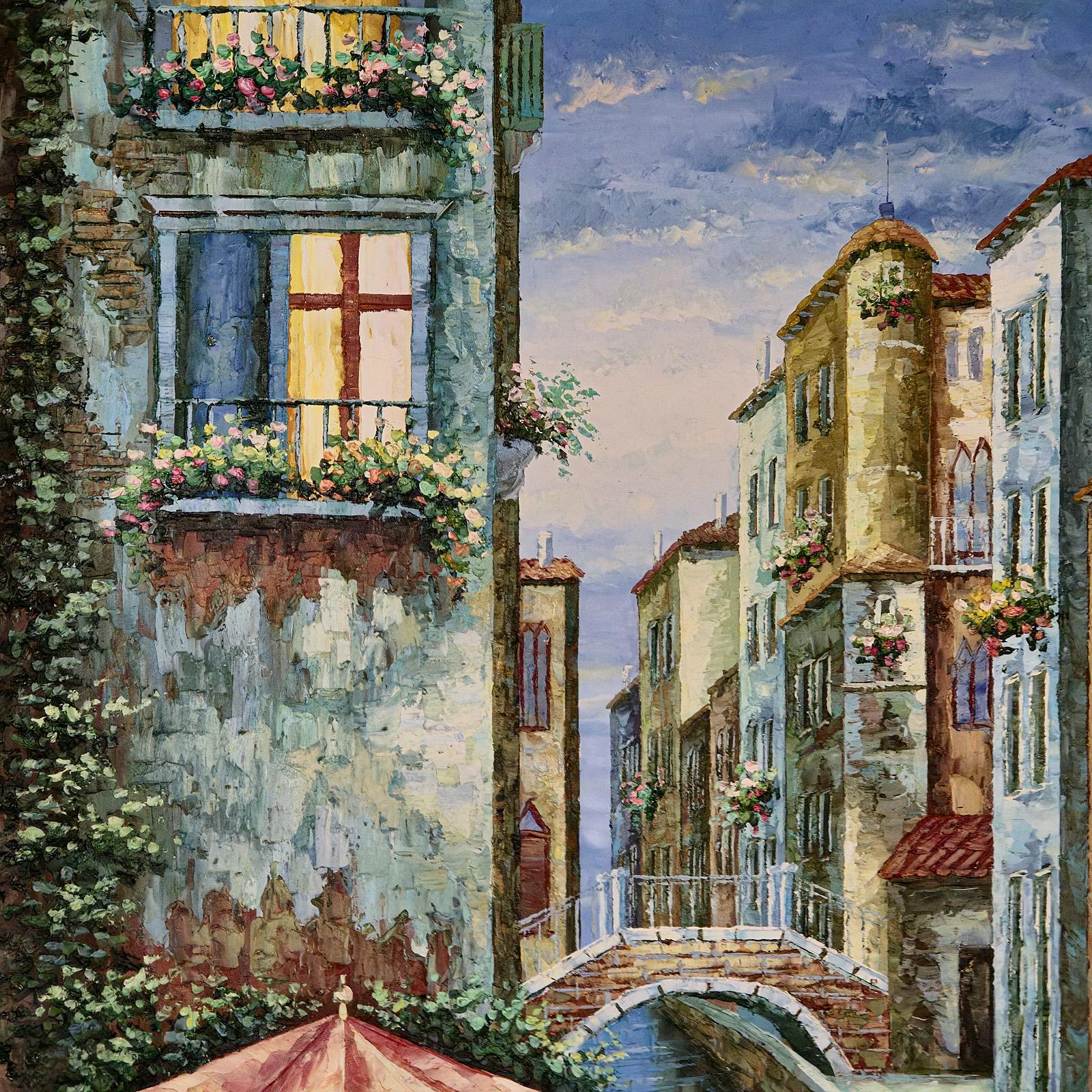 Large Vintage Oil on Canvas, Venice, Painting, Venetian Street Scene, Framed Art In Good Condition For Sale In Hele, Devon, GB