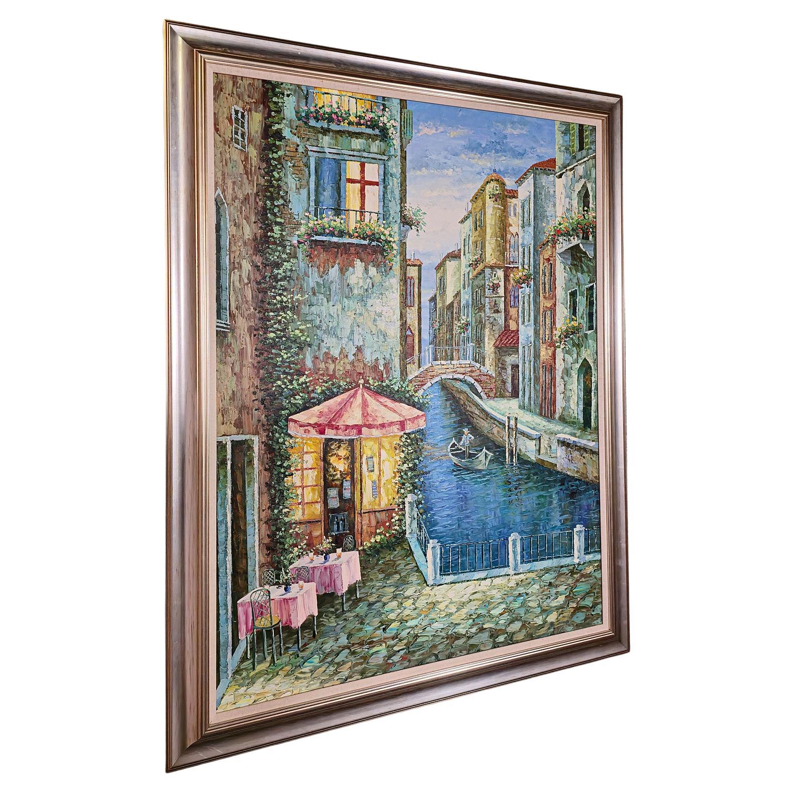 Large Vintage Oil on Canvas, Venice, Painting, Venetian Street Scene, Framed Art For Sale