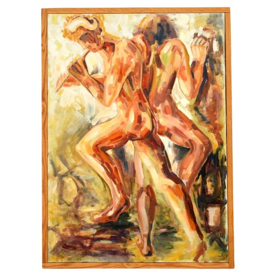 Grande dipinto ad olio di nudi vintage