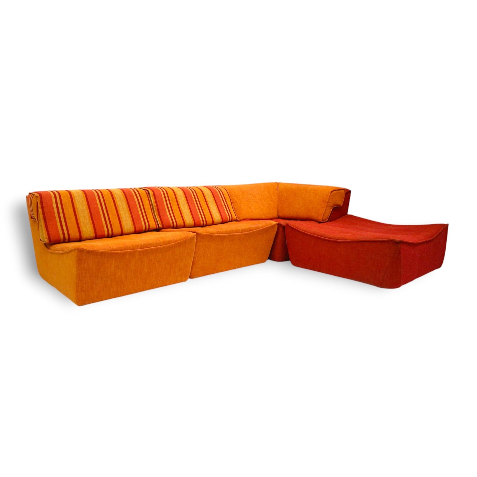 Large vintage orange modular sofa from Chateau d'Ax 1