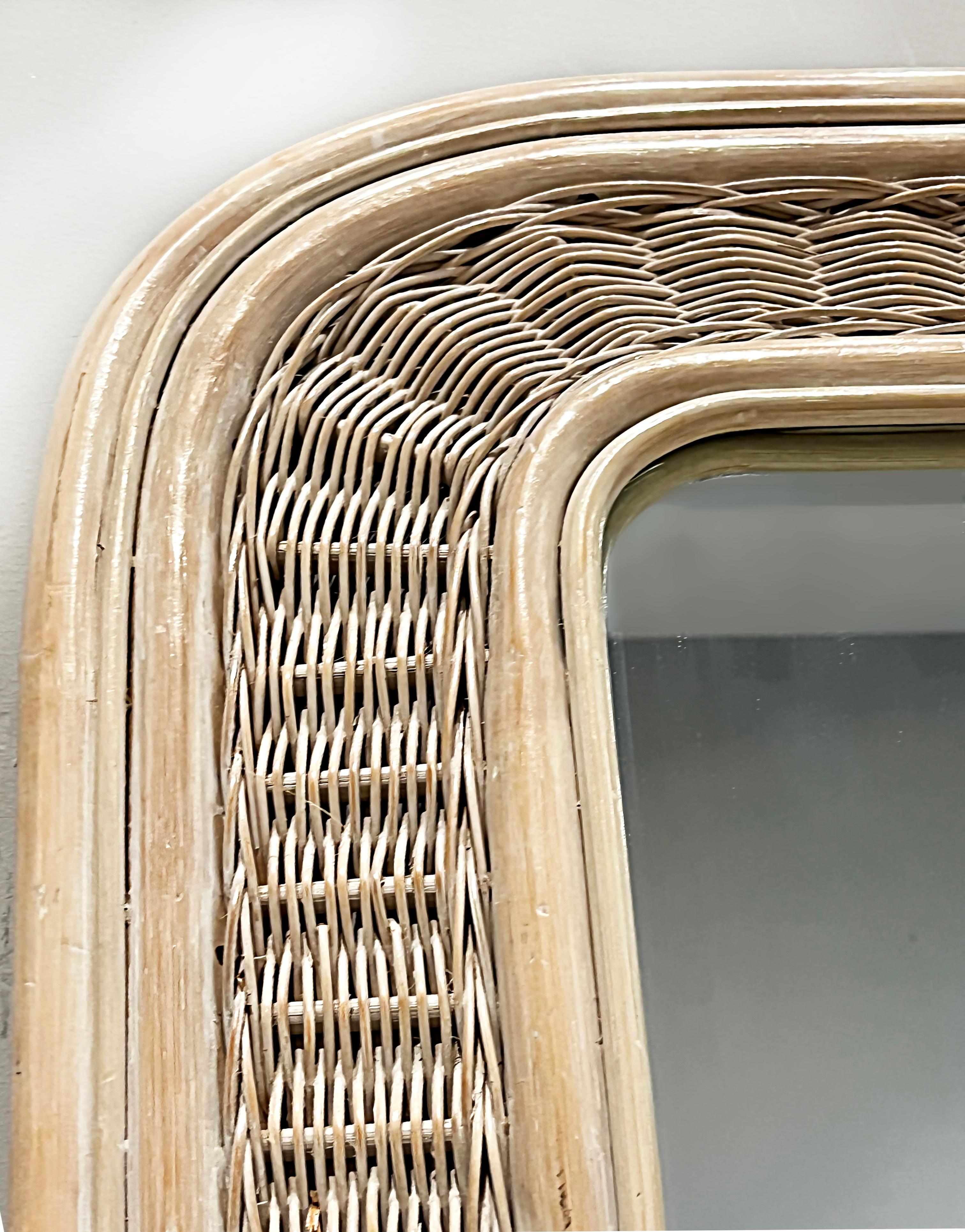 Bleached Large Vintage Organic Modern Wood, Wicker, Leather Mirror For Sale