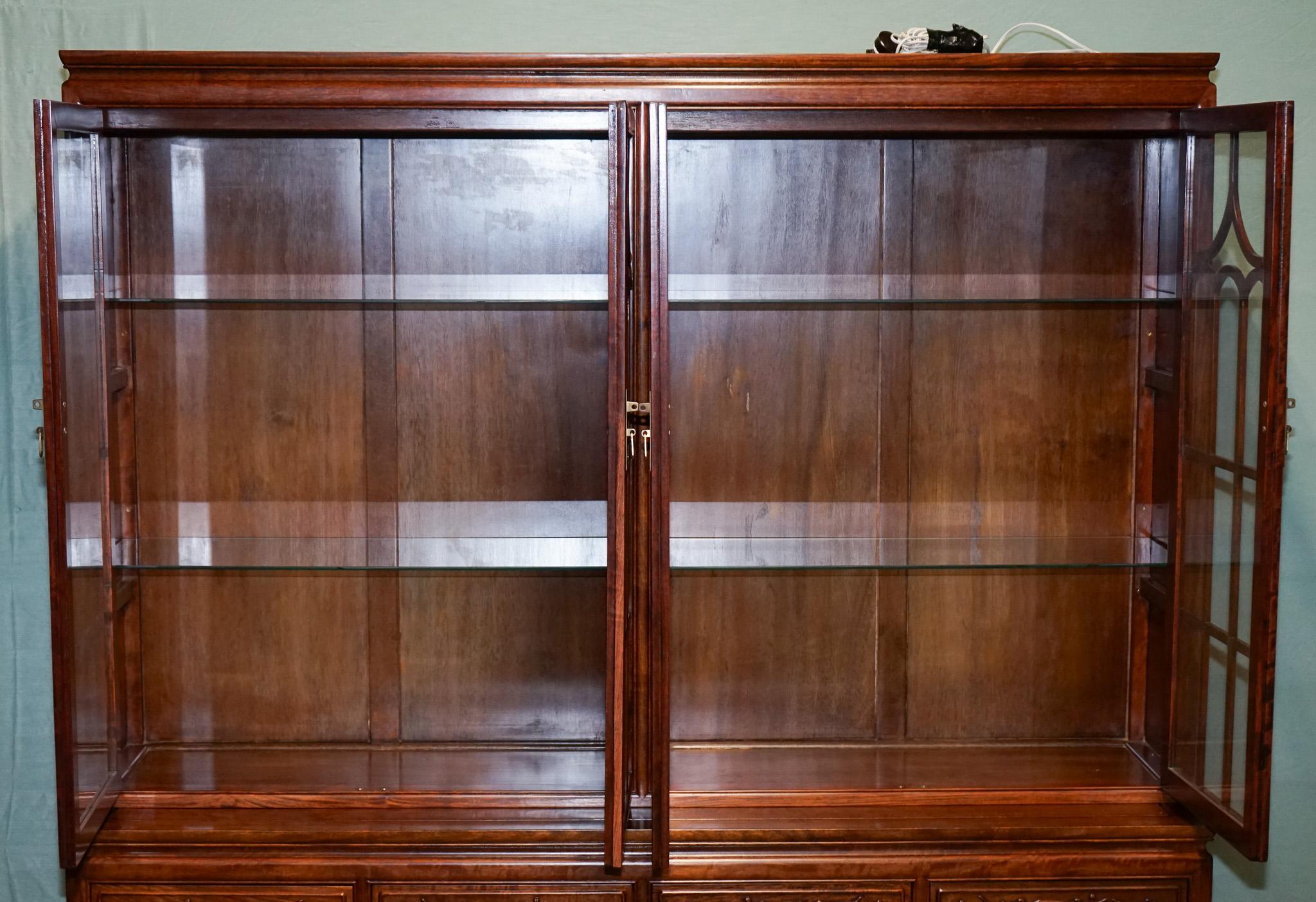 20th Century LARGE VINTAGE ORIENTAL CHINESE CARVED SOLID BOOKCASE DISPLAY CABINET WITH LiGHTS For Sale