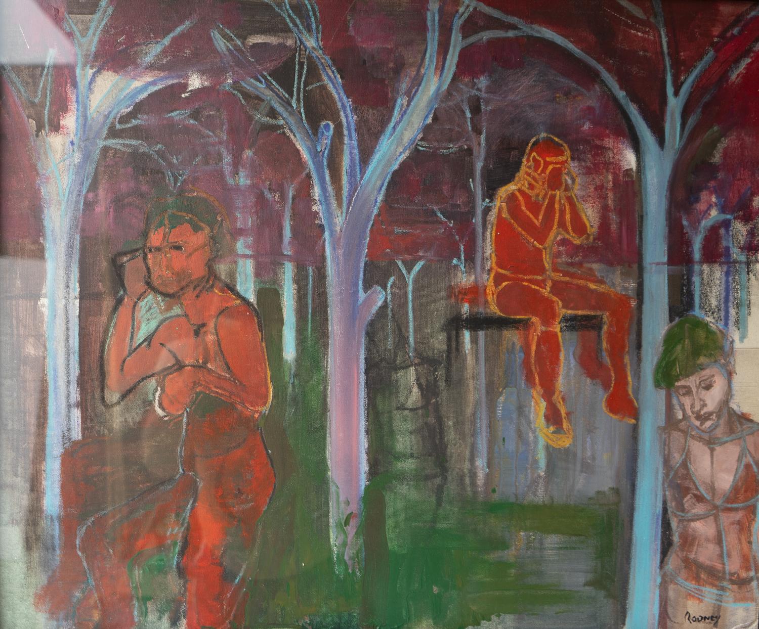 PEINTURE À L'HUILE ORIGINALE VINTAGE

Représentation d'une scène onirique et éthérée avec des personnages dans un paysage boisé la nuit.

Peint dans un style expressionniste libre et audacieux, avec une riche palette de couleurs.

L'artiste est