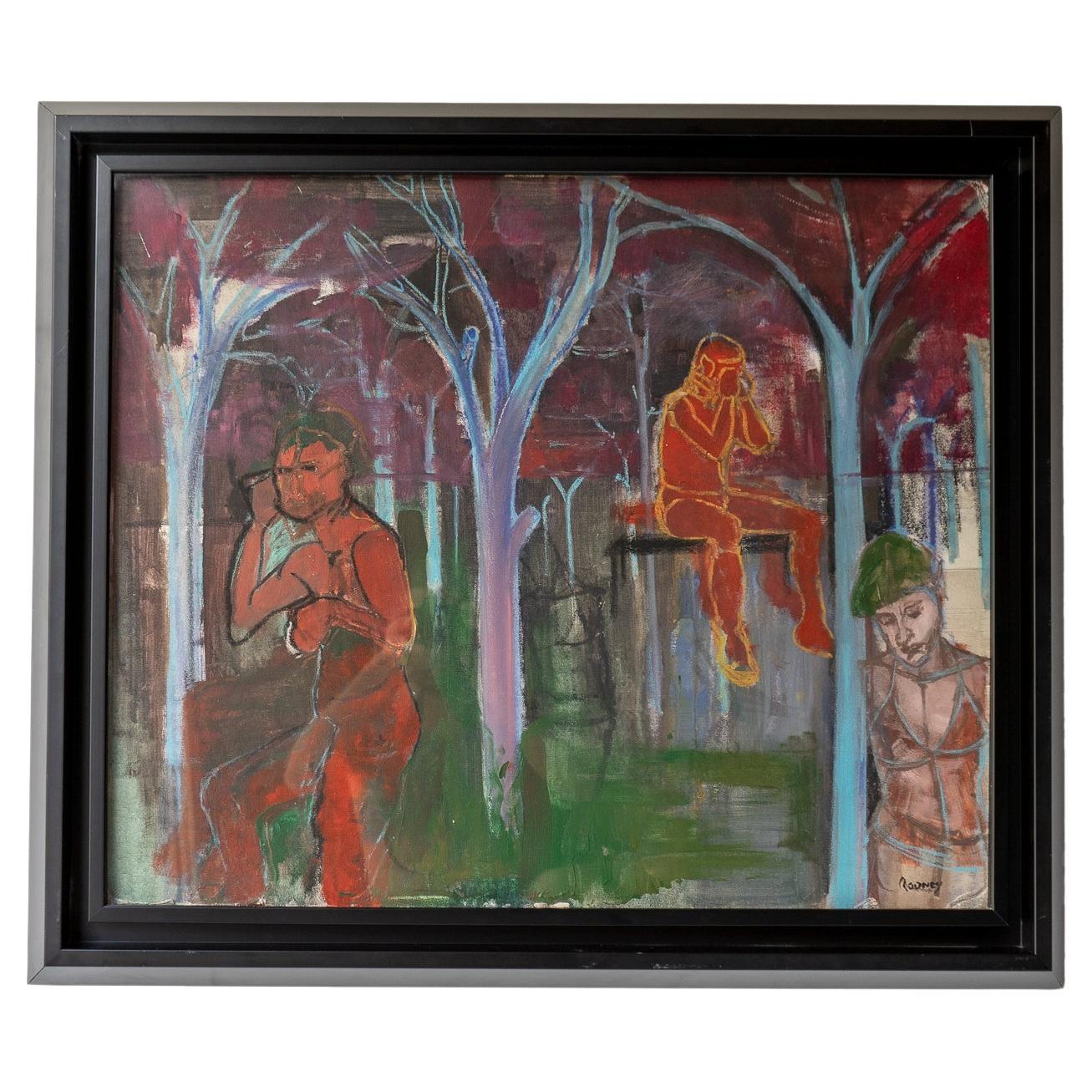 Large Vintage Original Expressionist Figurative Oil On Board Painting For Sale