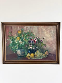 Large Vintage Original Floral Still Life Painting with Fruit
