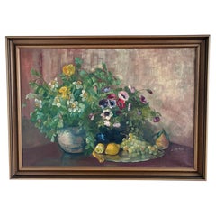 Large Vintage Original Floral Still Life Painting with Fruit