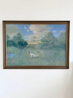 Large Vintage Original Landscape Hunting Dog Oil Painting