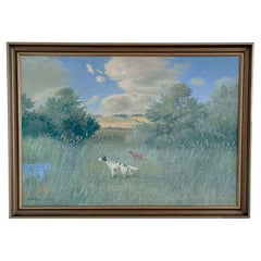 Large Vintage Original Landscape Hunting Dog Oil Painting