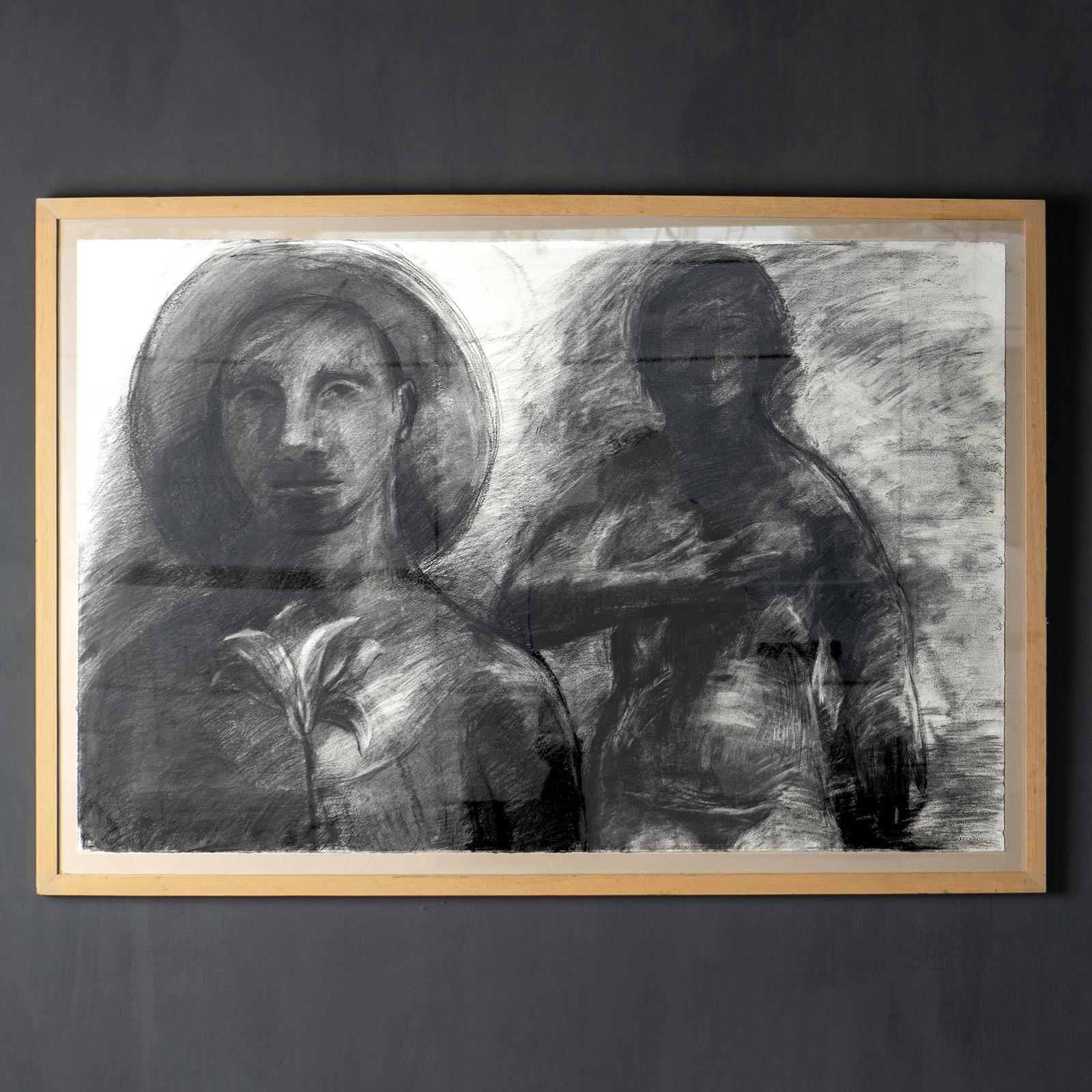 Large Vintage Original Monochrome Charcoal Drawing of Two Figures For Sale 2