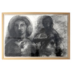 Large Vintage Original Monochrome Charcoal Drawing of Two Figures