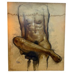 Large Vintage Original Nude Female Form Study, Charcoal Sketch on Canvas
