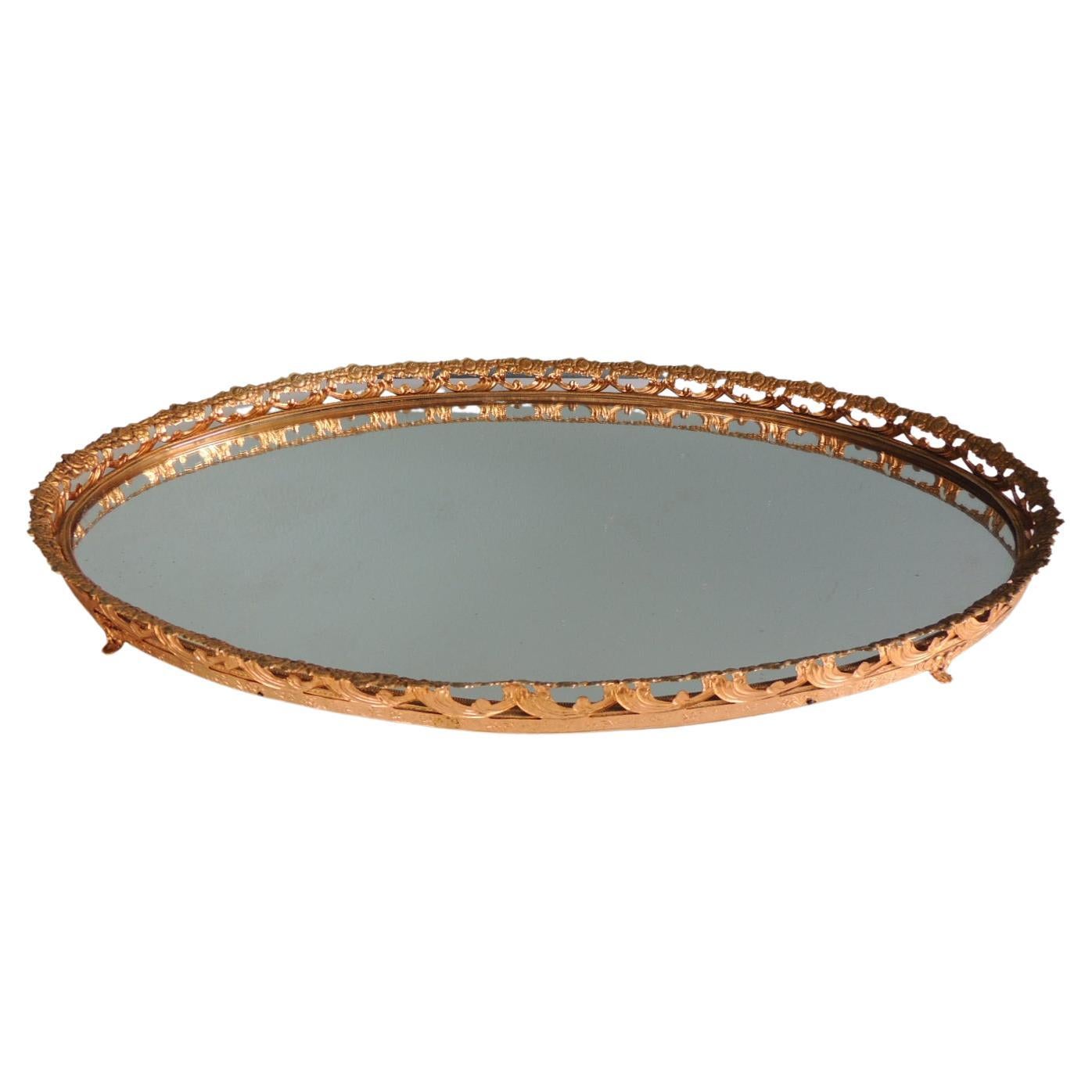Decorative Vintage Round Tray 13.5” Glass w/ Beige Frame