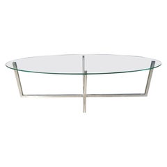 Large vintage oval glass and chrome coffee table, 1970s