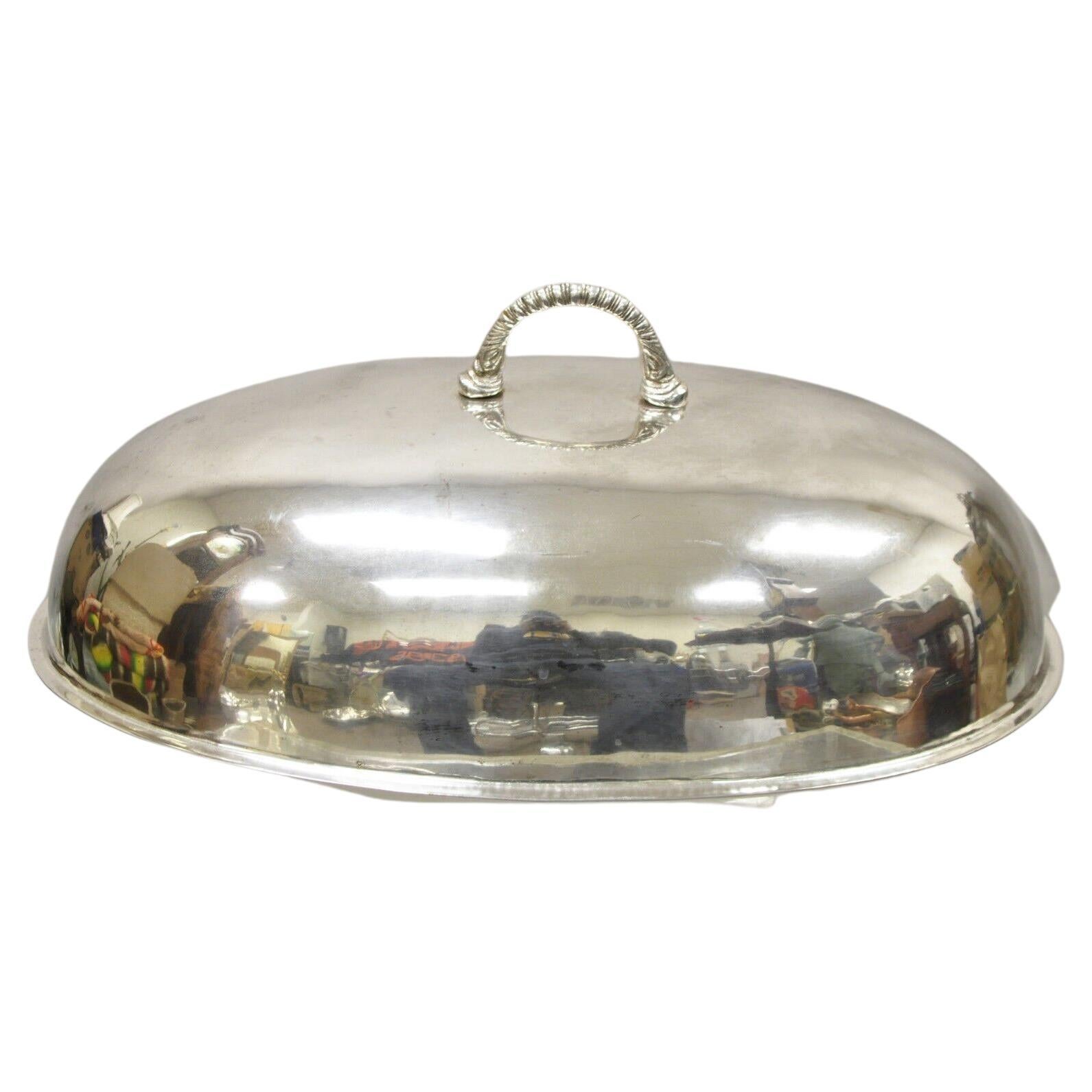 Large Vintage Oval Modern Silver Plated Food Serving Dish Dome Cover For Sale