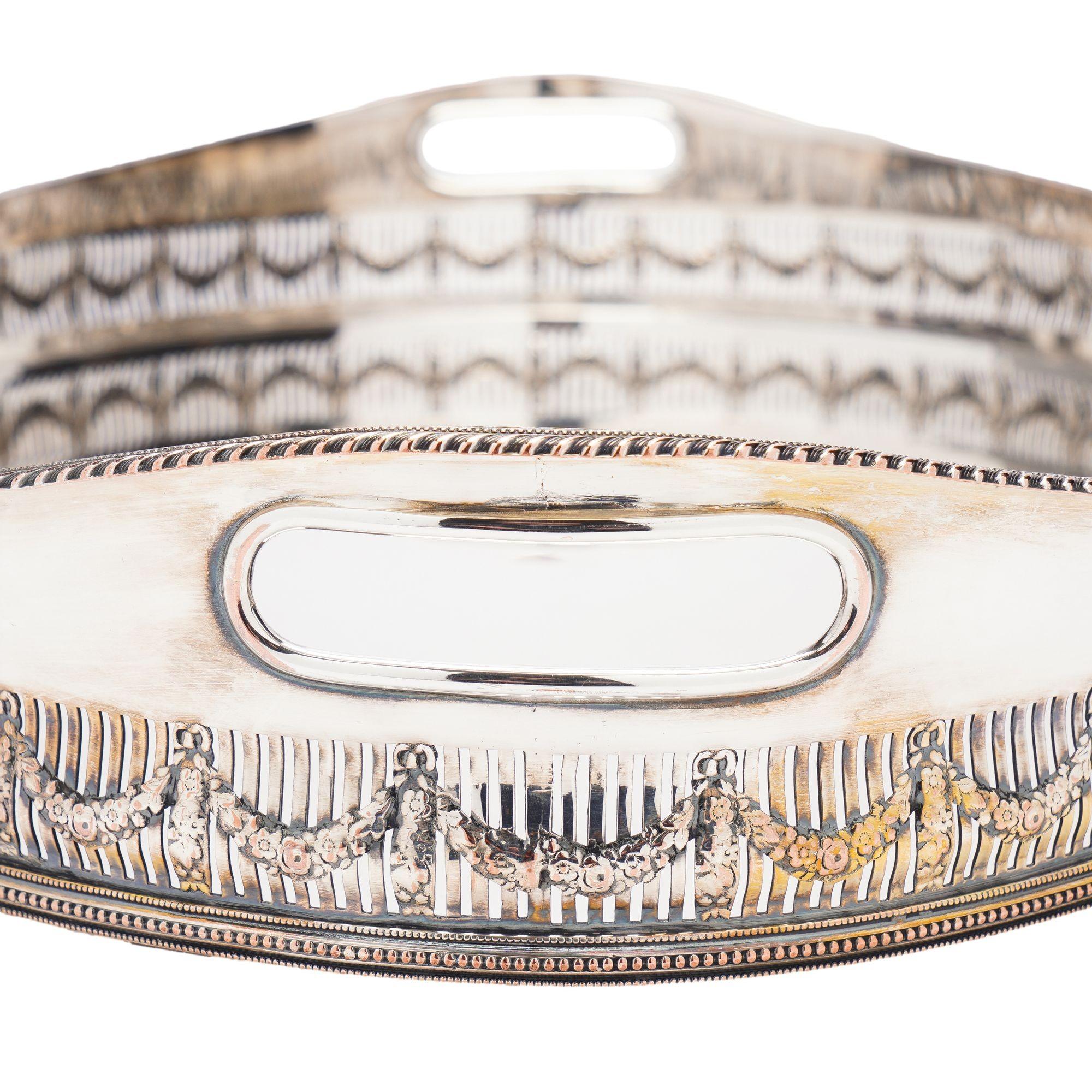 Large vintage oval Sheffield silver gallery tray, c. 1950 7