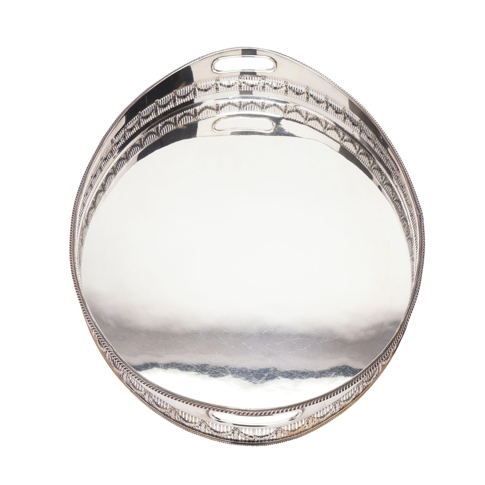 Large vintage oval Sheffield silver gallery tray, c. 1950 8