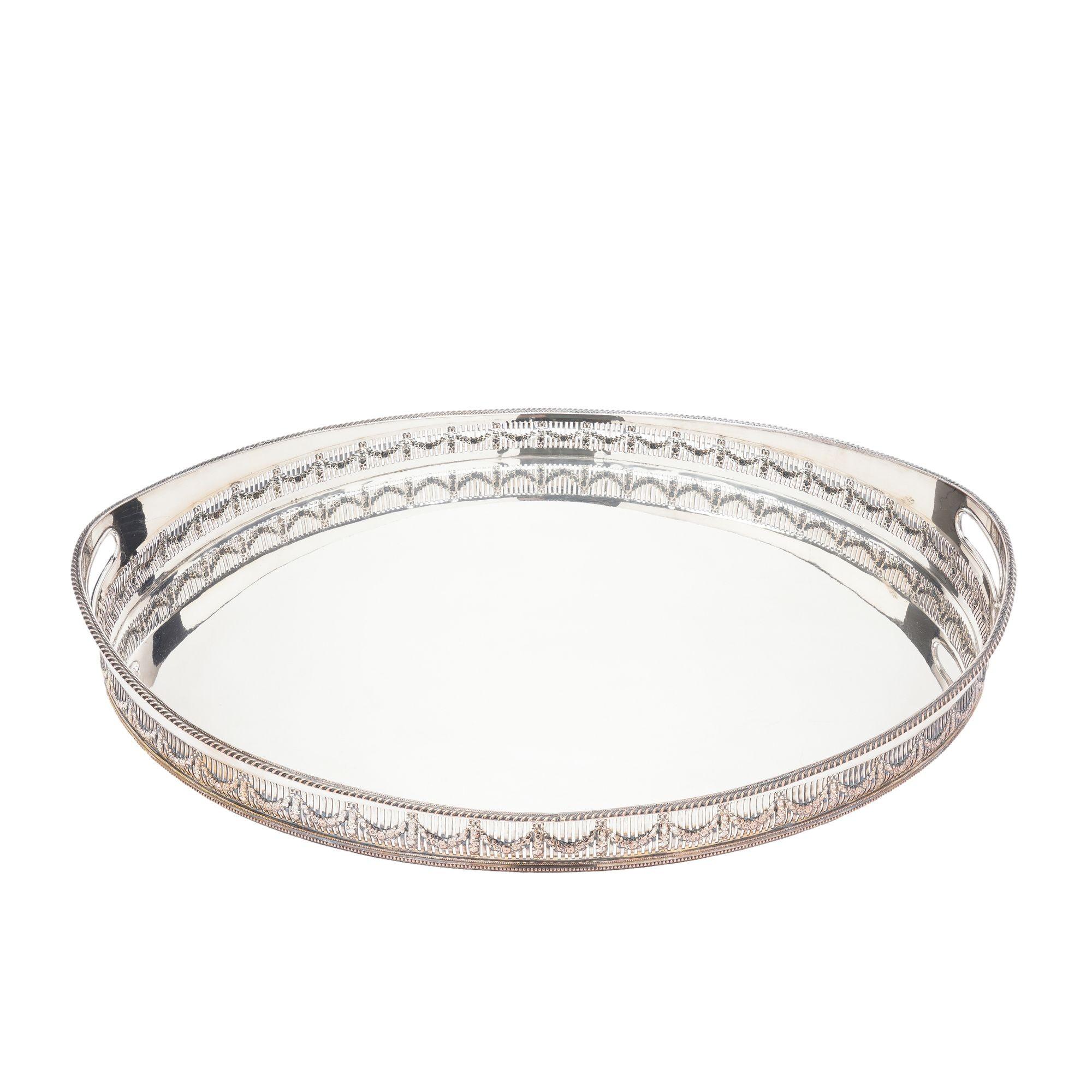 British Large vintage oval Sheffield silver gallery tray, c. 1950