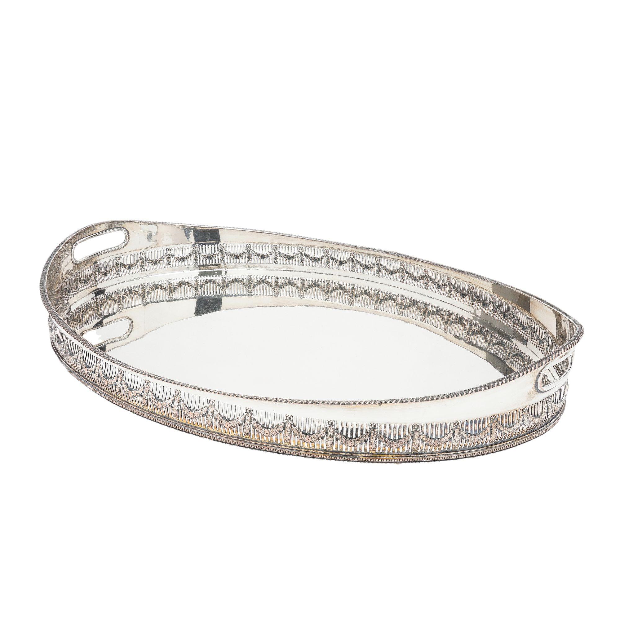 Large vintage oval Sheffield silver gallery tray, c. 1950 1
